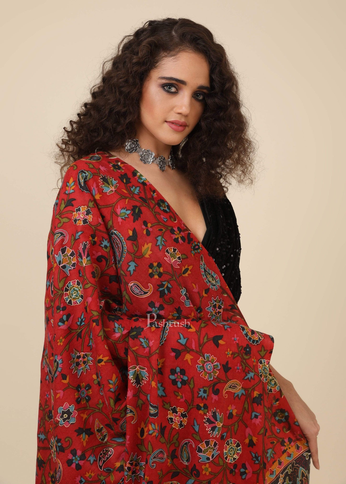 Pashtush India 114x228 Pashtush Mens Kalamkari Embroidery Shawl, Gents Fine Wool Shawls, Medium