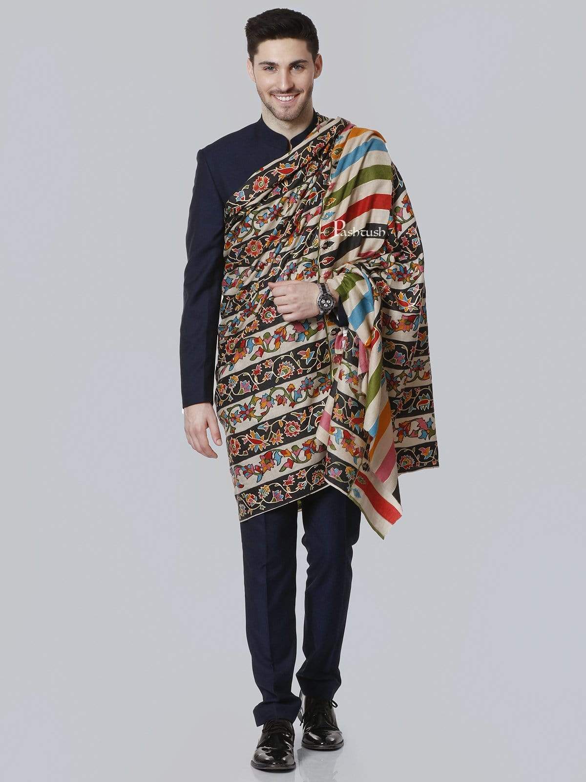 Pashtush India 114x228 Pashtush Mens Kalamkari Outline Embroidery Shawl, Kaani Painted Design, Fine Wool