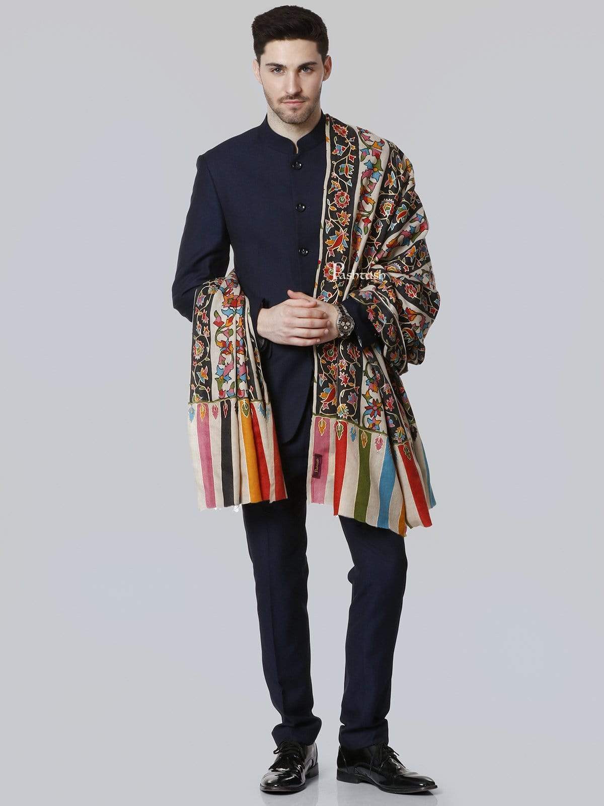 Pashtush India 114x228 Pashtush Mens Kalamkari Outline Embroidery Shawl, Kaani Painted Design, Fine Wool