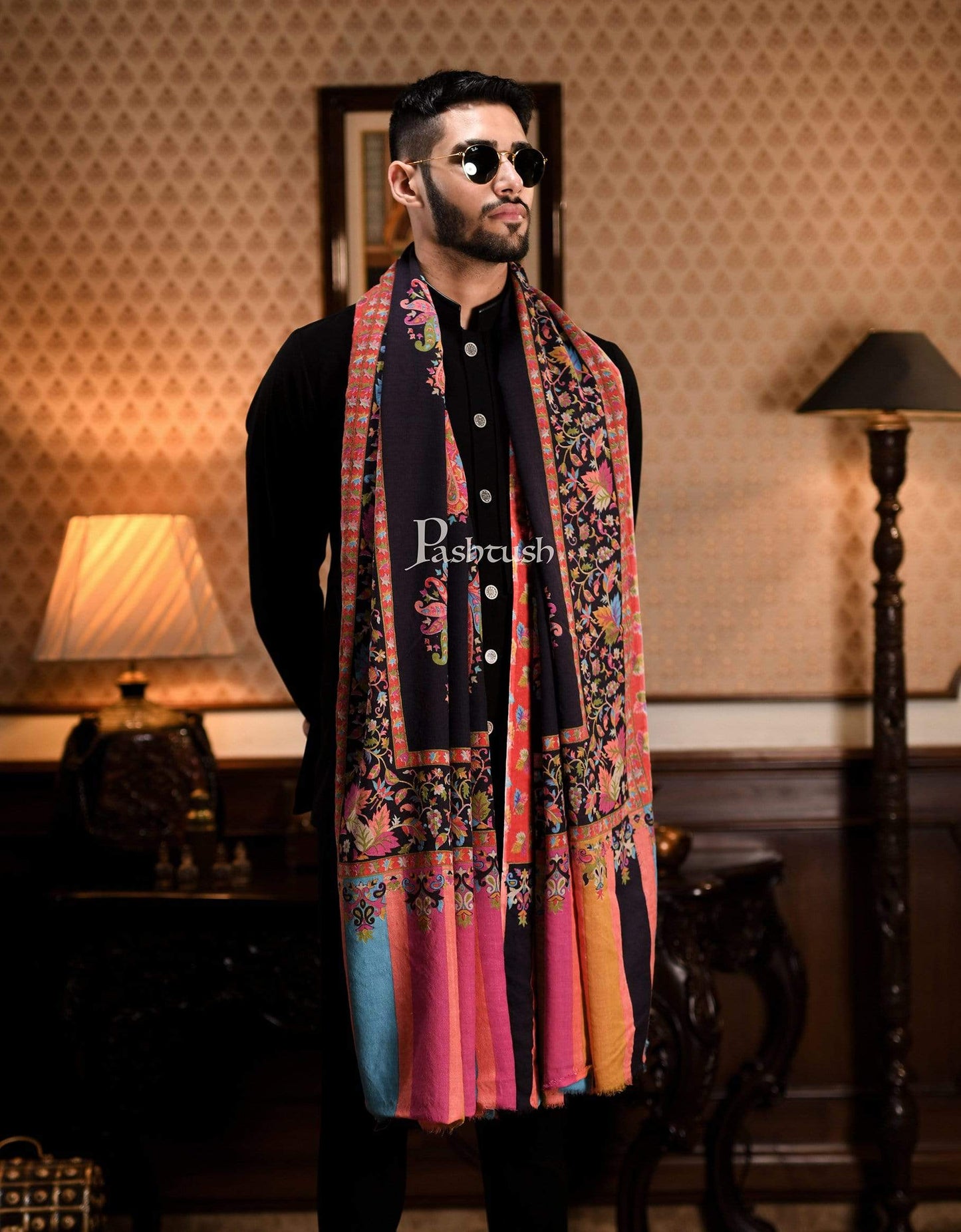 Pashtush India 114x228 Pashtush Mens Kalamkari Printed Shawl, Medium, Soft and Warm