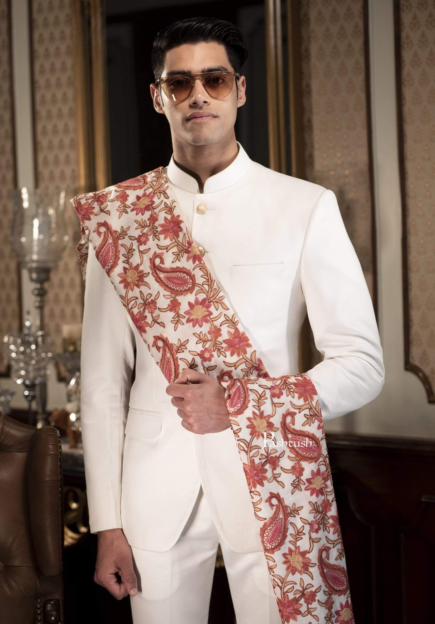 Pashtush India 70x200 Pashtush Mens Kashmiri Aari Embroidery Stole, Fine Wool, White