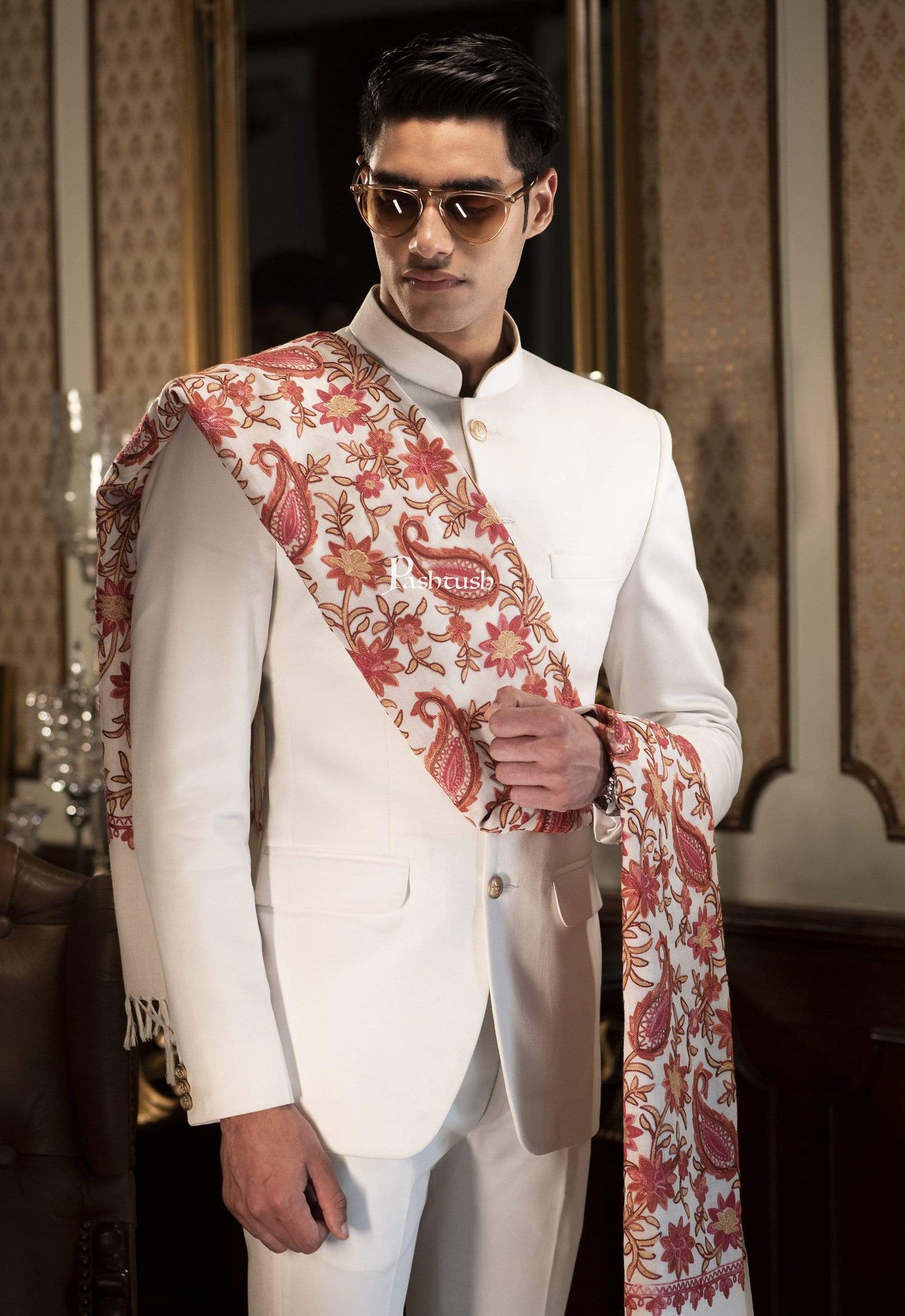 Pashtush India 70x200 Pashtush Mens Kashmiri Aari Embroidery Stole, Fine Wool, White