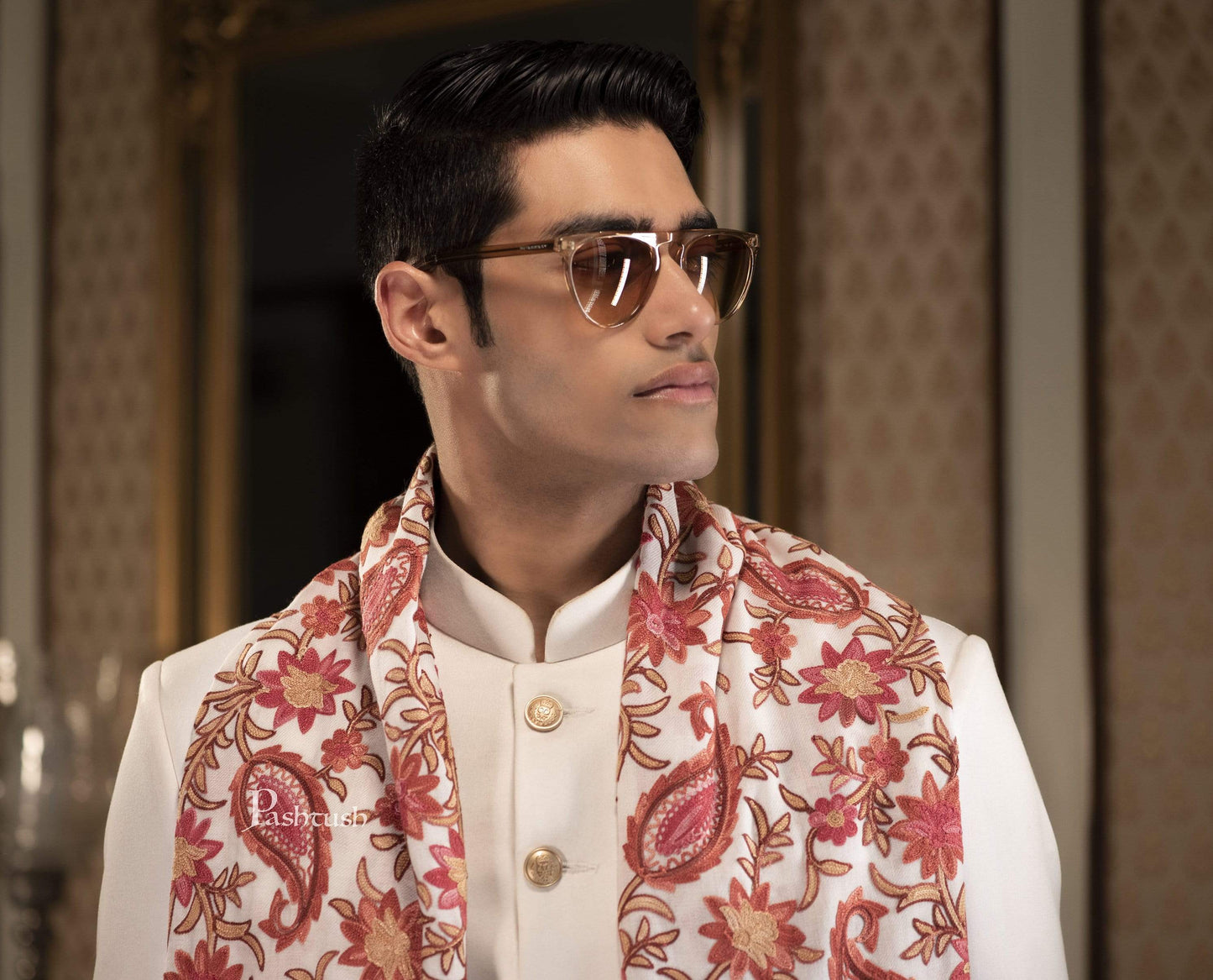 Pashtush India 70x200 Pashtush Mens Kashmiri Aari Embroidery Stole, Fine Wool, White