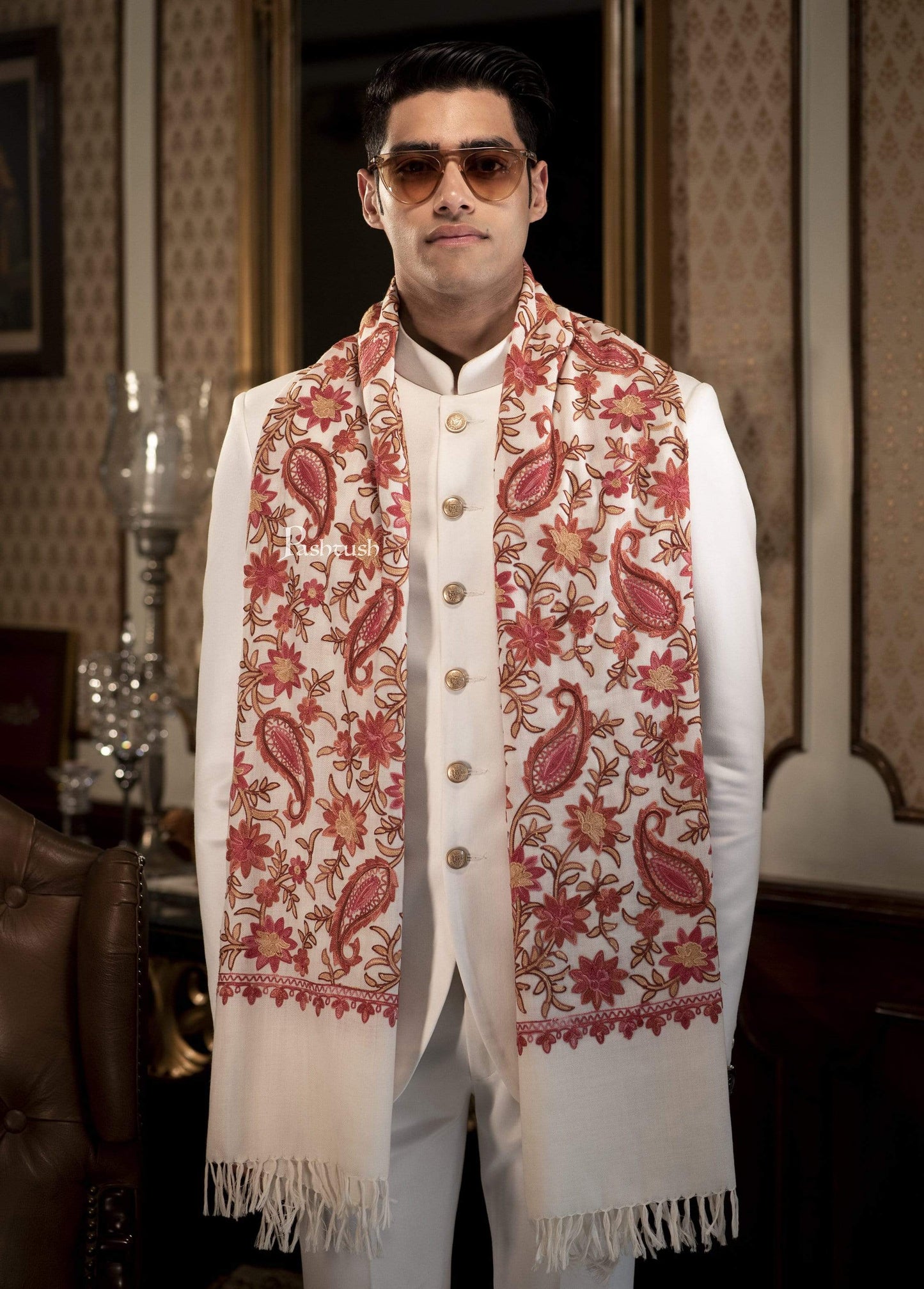 Pashtush India 70x200 Pashtush Mens Kashmiri Aari Embroidery Stole, Fine Wool, White