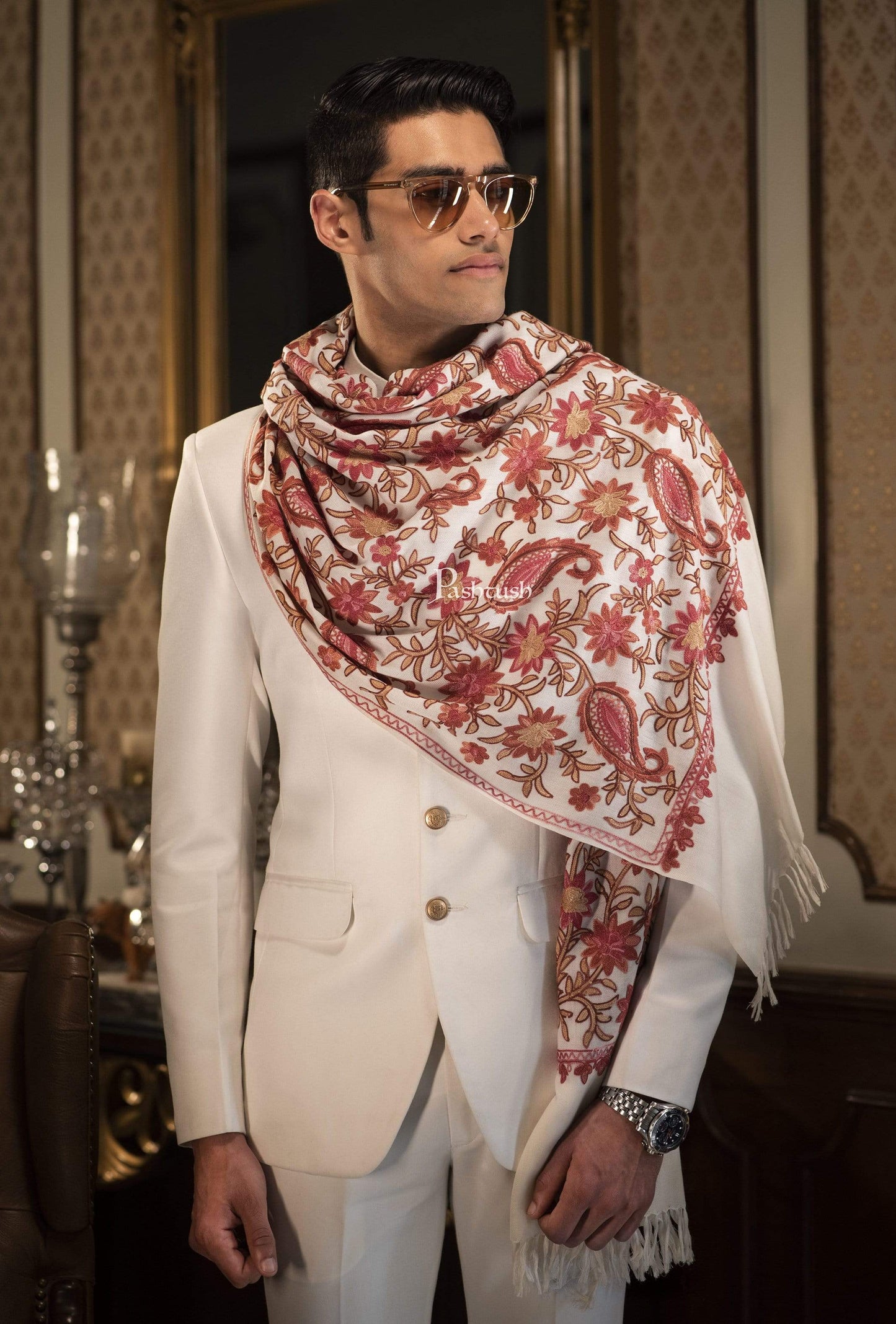 Pashtush India 70x200 Pashtush Mens Kashmiri Aari Embroidery Stole, Fine Wool, White