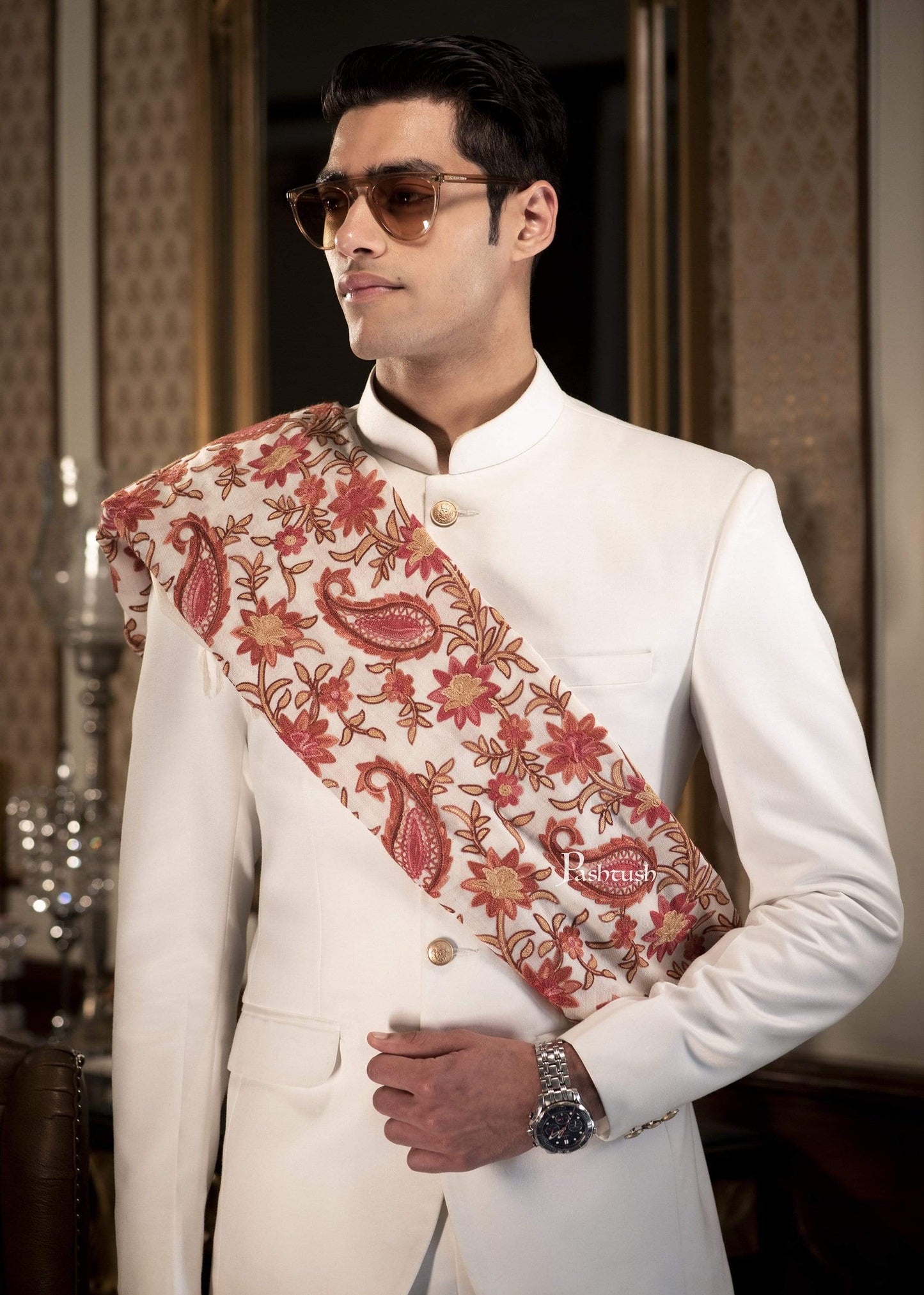 Pashtush India 70x200 Pashtush Mens Kashmiri Aari Embroidery Stole, Fine Wool, White