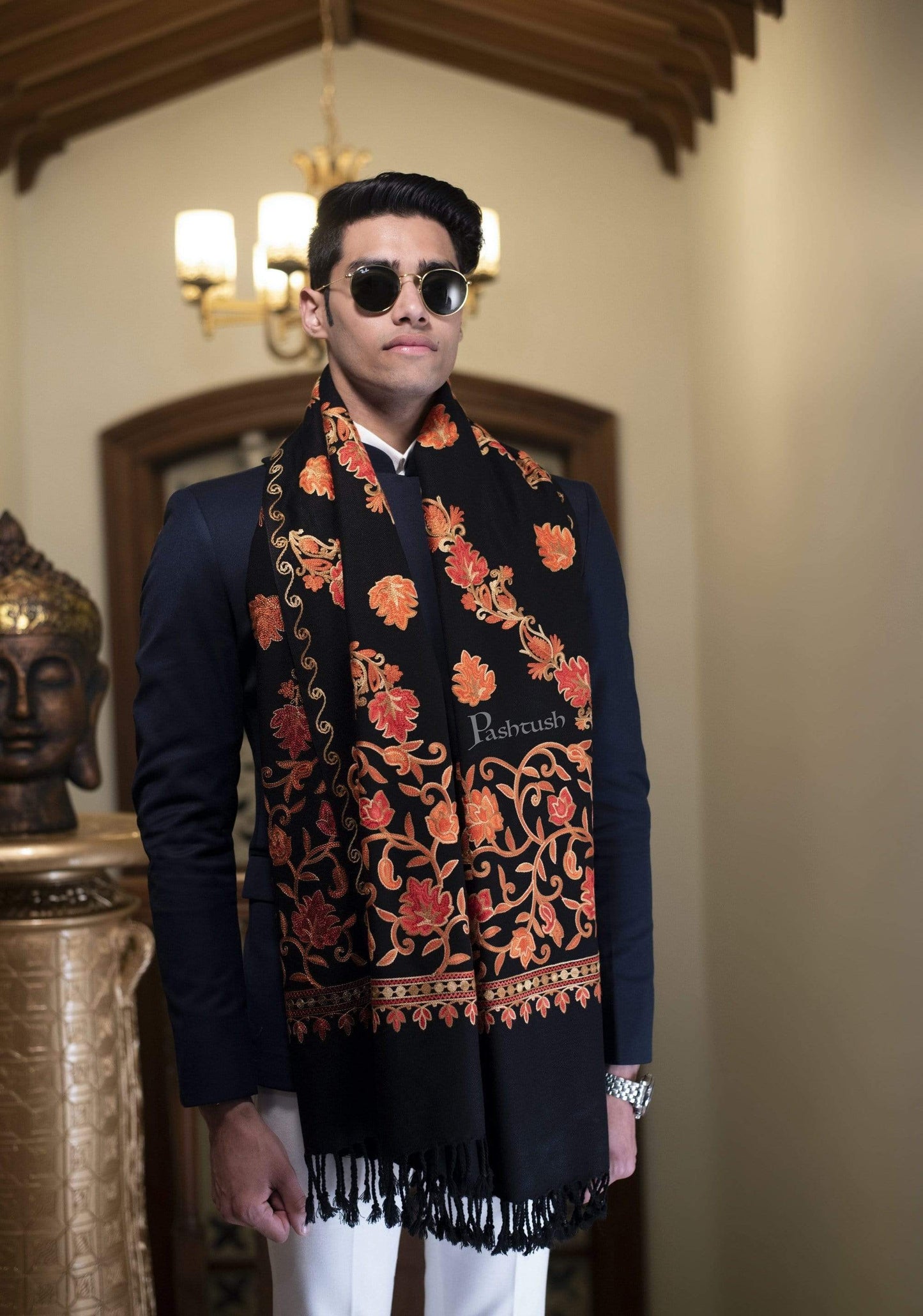 Pashtush India 70x200 Pashtush Mens Kashmiri Aari Embroidery Stole, Thick and Warm, Black