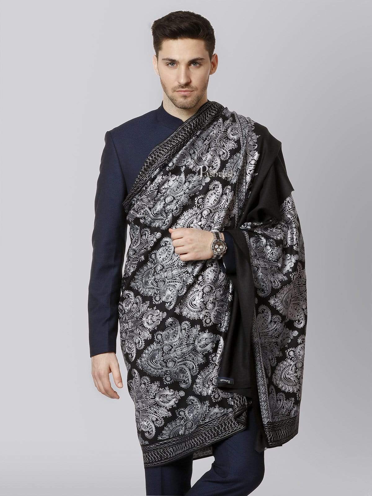 Pashtush India 114x228 Pashtush Mens, Kashmiri Embroidery Needlework Shawl, Fine Wool, Black