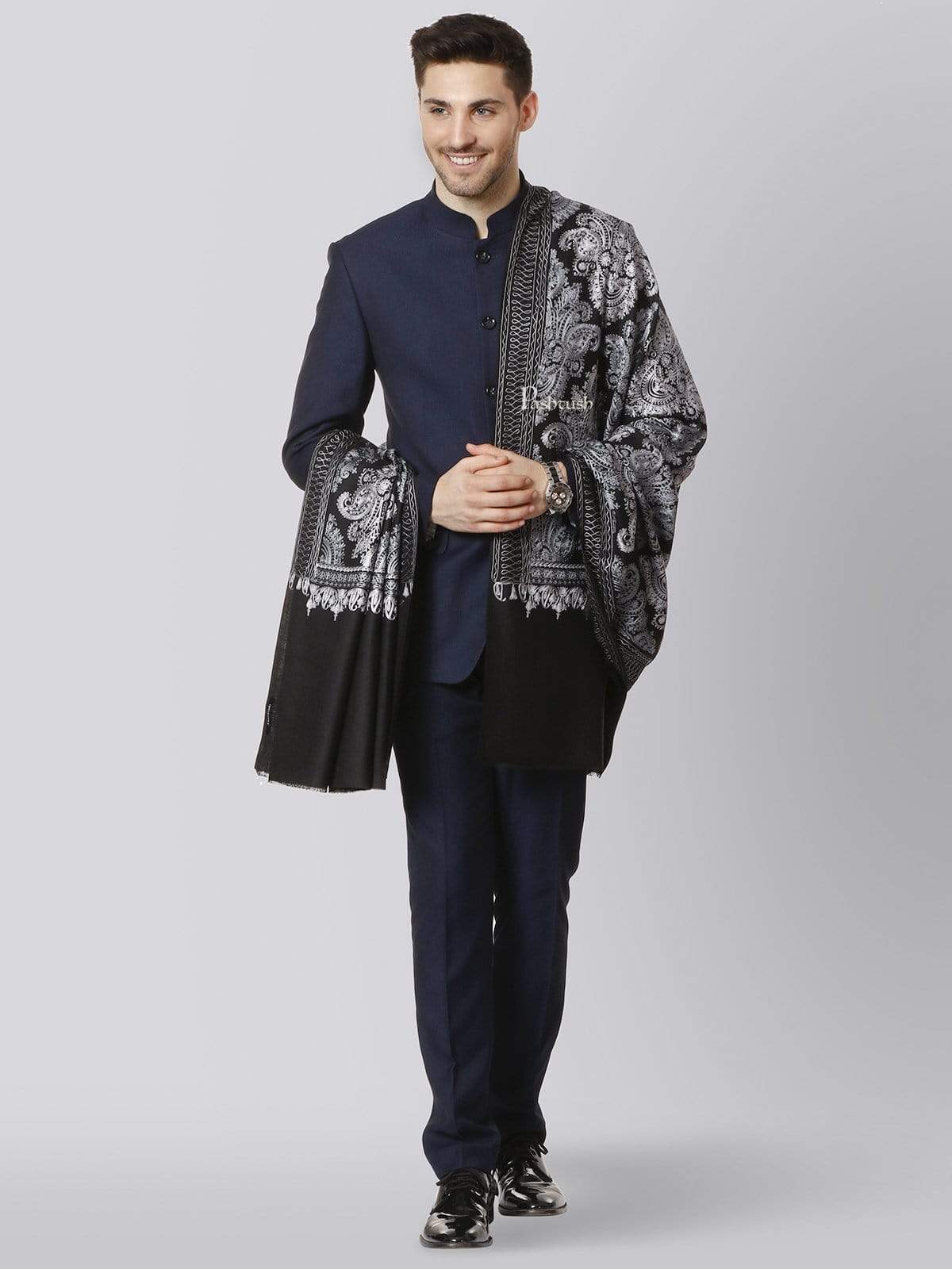 Pashtush India 114x228 Pashtush Mens, Kashmiri Embroidery Needlework Shawl, Fine Wool, Black