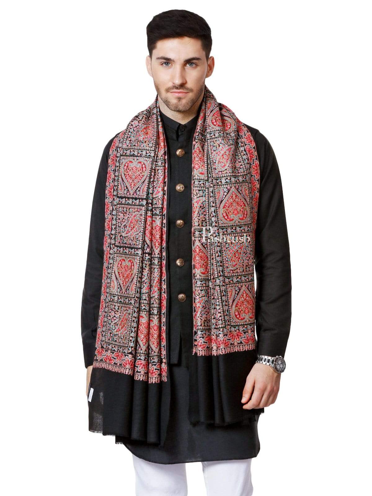Pashtush India 100x200 Pashtush Mens Kashmiri Embroidery Pure Stole, Sozni Embroidery, Intricate Needlework, Black