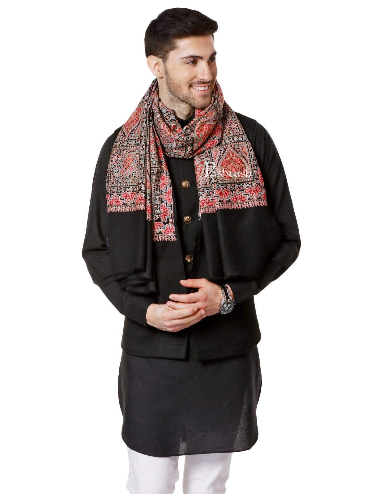 Pashtush India 100x200 Pashtush Mens Kashmiri Embroidery Pure Stole, Sozni Embroidery, Intricate Needlework, Black