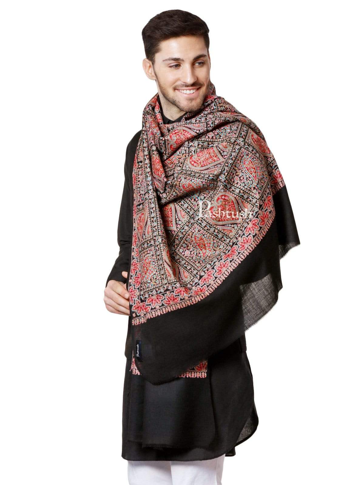 Pashtush India 100x200 Pashtush Mens Kashmiri Embroidery Pure Stole, Sozni Embroidery, Intricate Needlework, Black
