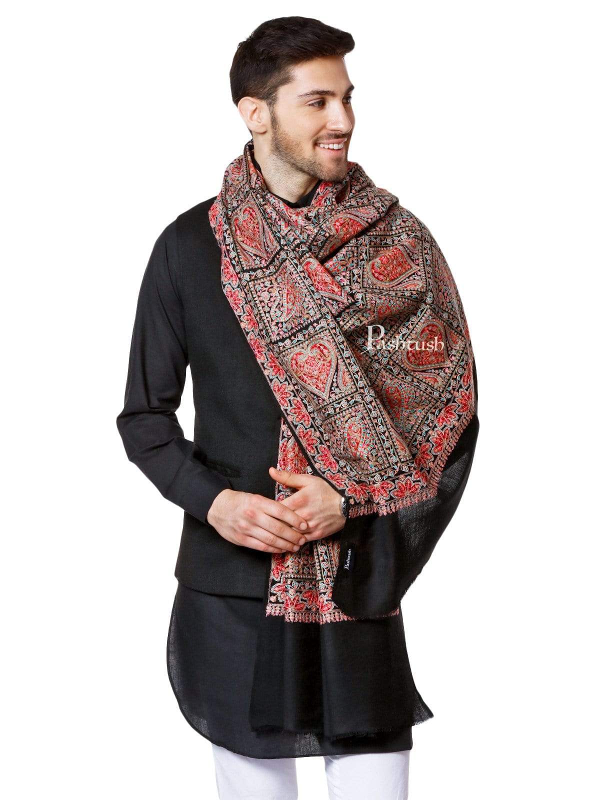 Pashtush India 100x200 Pashtush Mens Kashmiri Embroidery Pure Stole, Sozni Embroidery, Intricate Needlework, Black