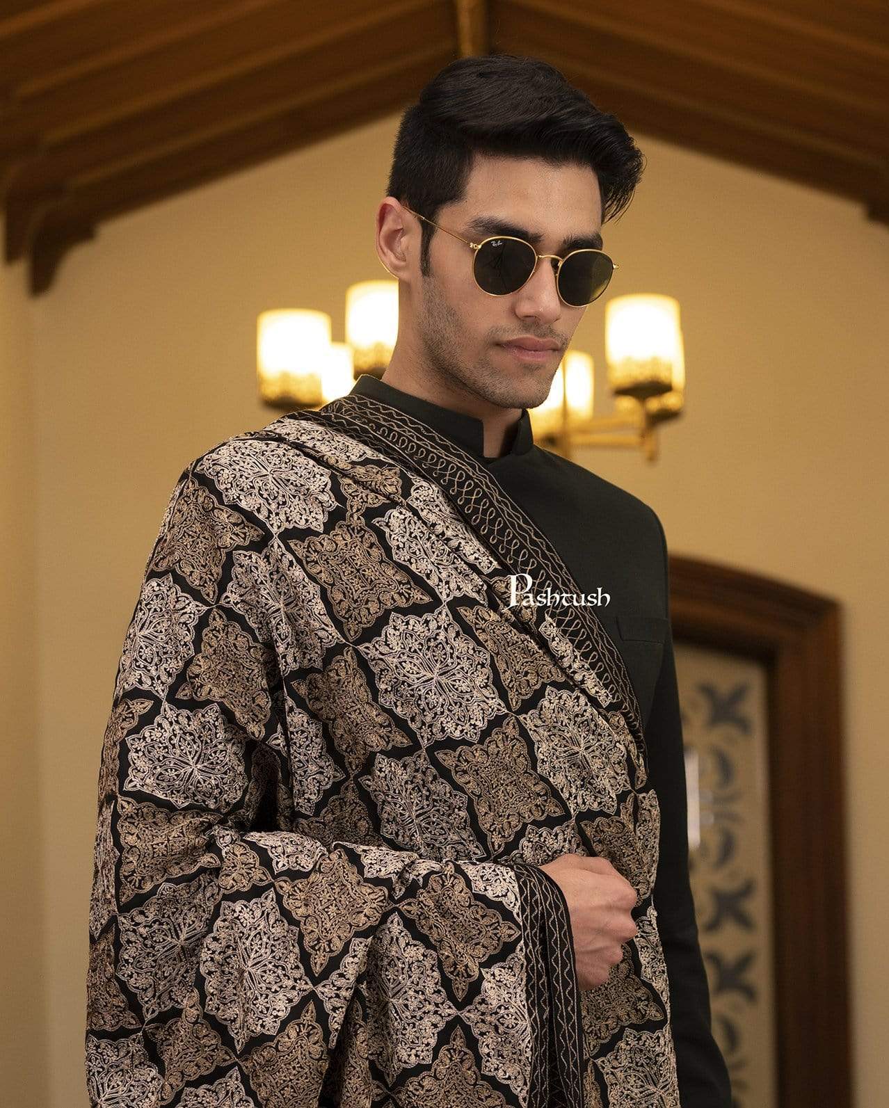Pashtush India 114x228 Pashtush Mens Kashmiri Embroidery Shawl, Light Weight, Fine Wool, Black