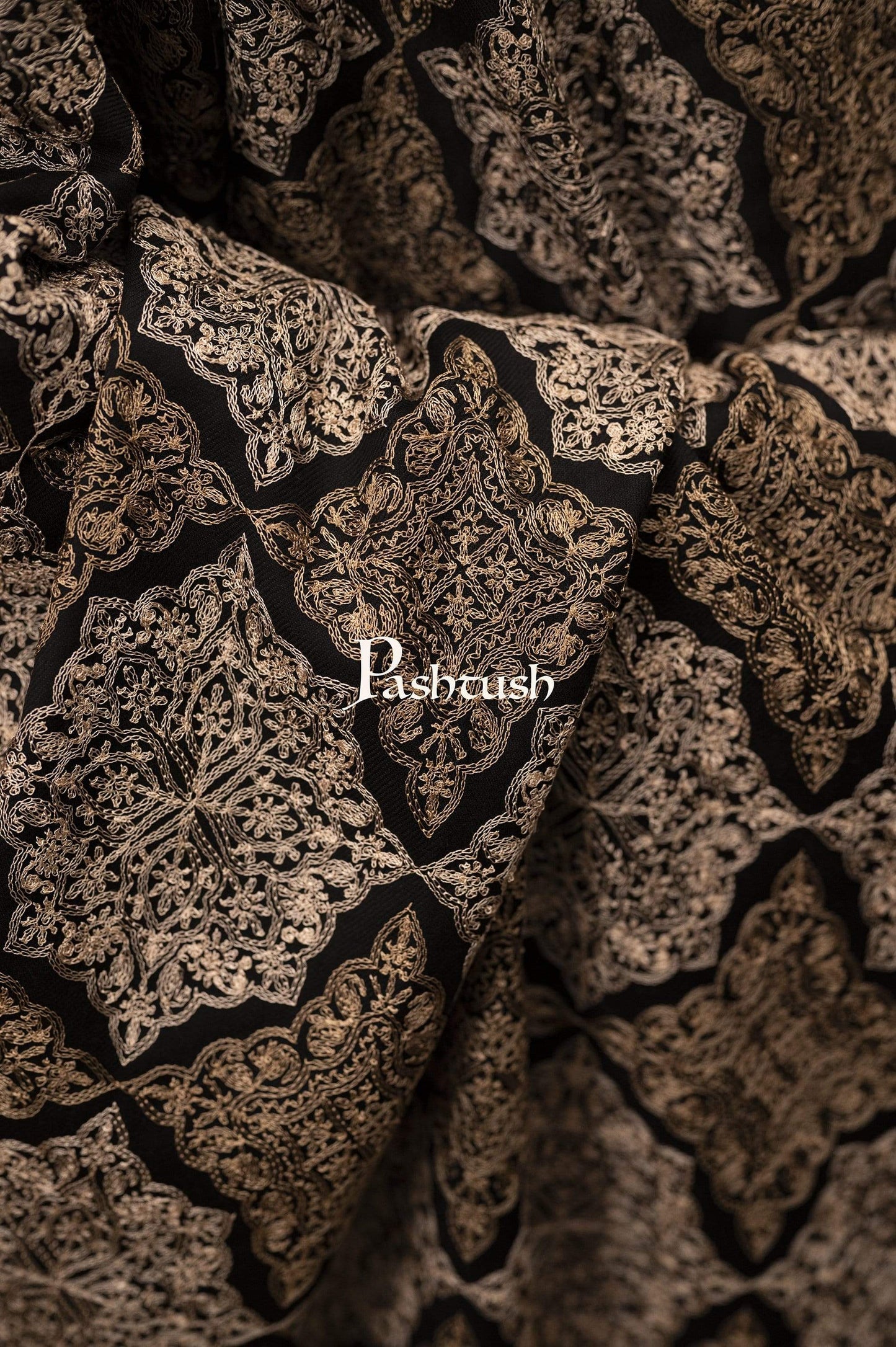 Pashtush India 114x228 Pashtush Mens Kashmiri Embroidery Shawl, Light Weight, Fine Wool, Black