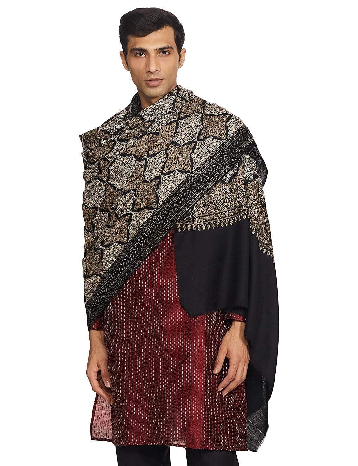Pashtush India 114x228 Pashtush Mens Kashmiri Embroidery Shawl, Light Weight, Fine Wool, Black