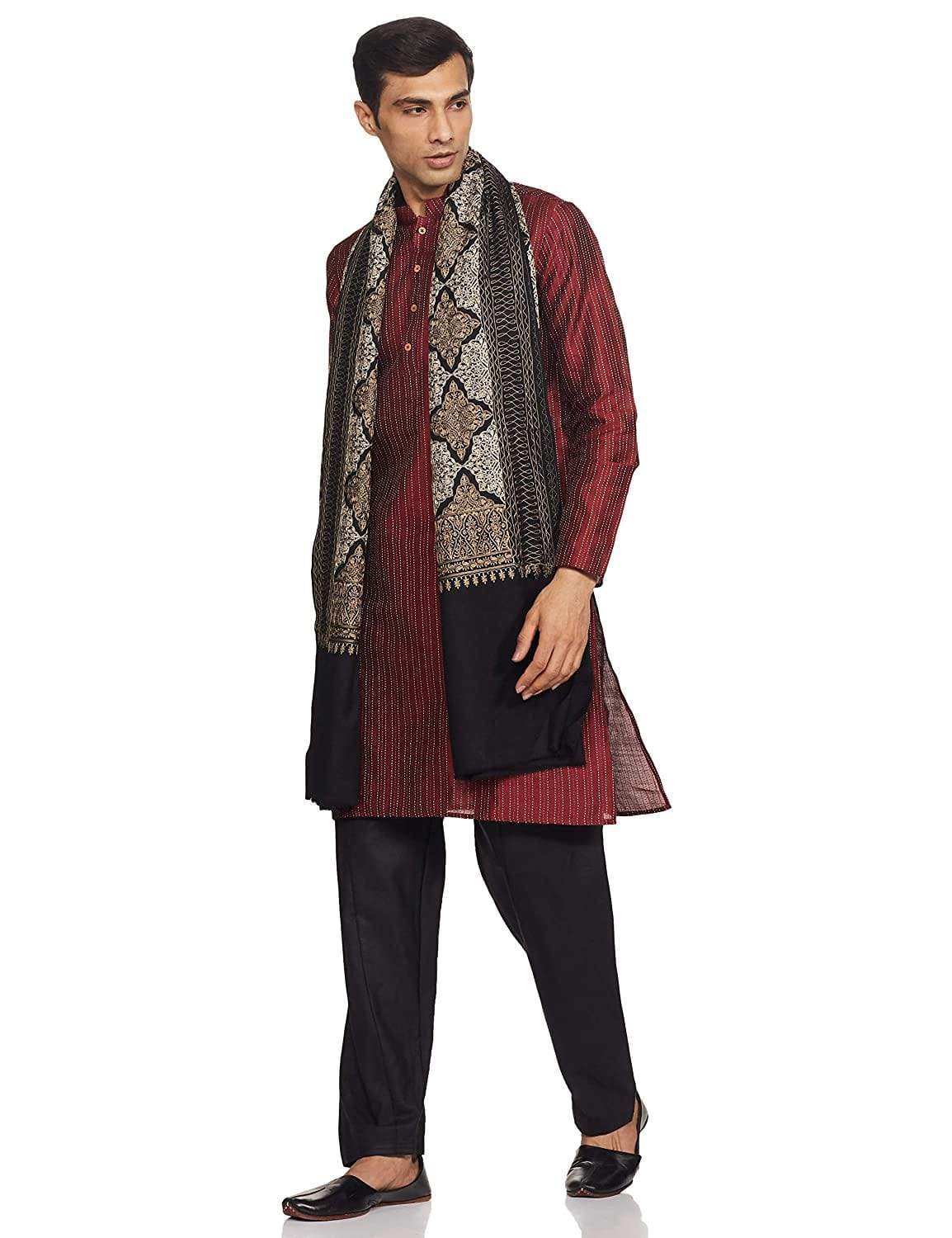 Pashtush India 114x228 Pashtush Mens Kashmiri Embroidery Shawl, Light Weight, Fine Wool, Black