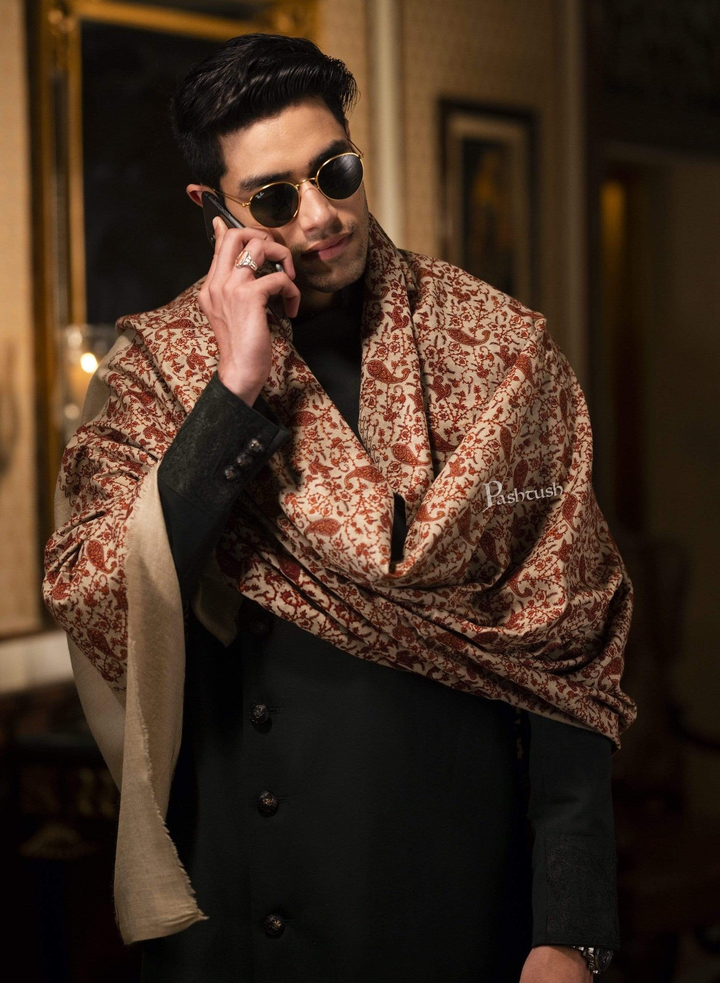 Pashtush India 100x200 Pashtush Mens Kashmiri Embroidery Stole, Beige