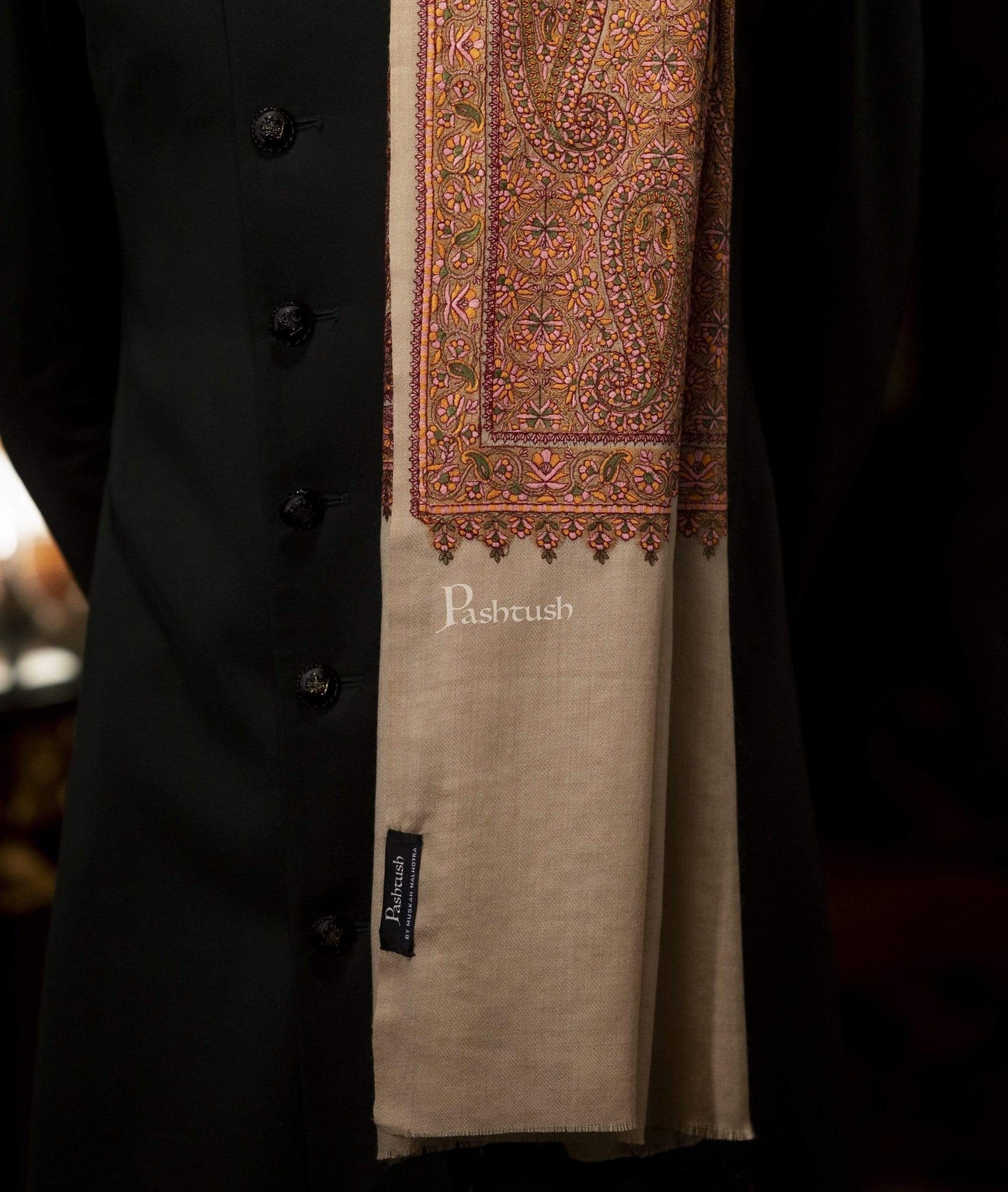Pashtush India 100x200 Pashtush Mens Kashmiri Embroidery Stole, Fine Wool, Beige