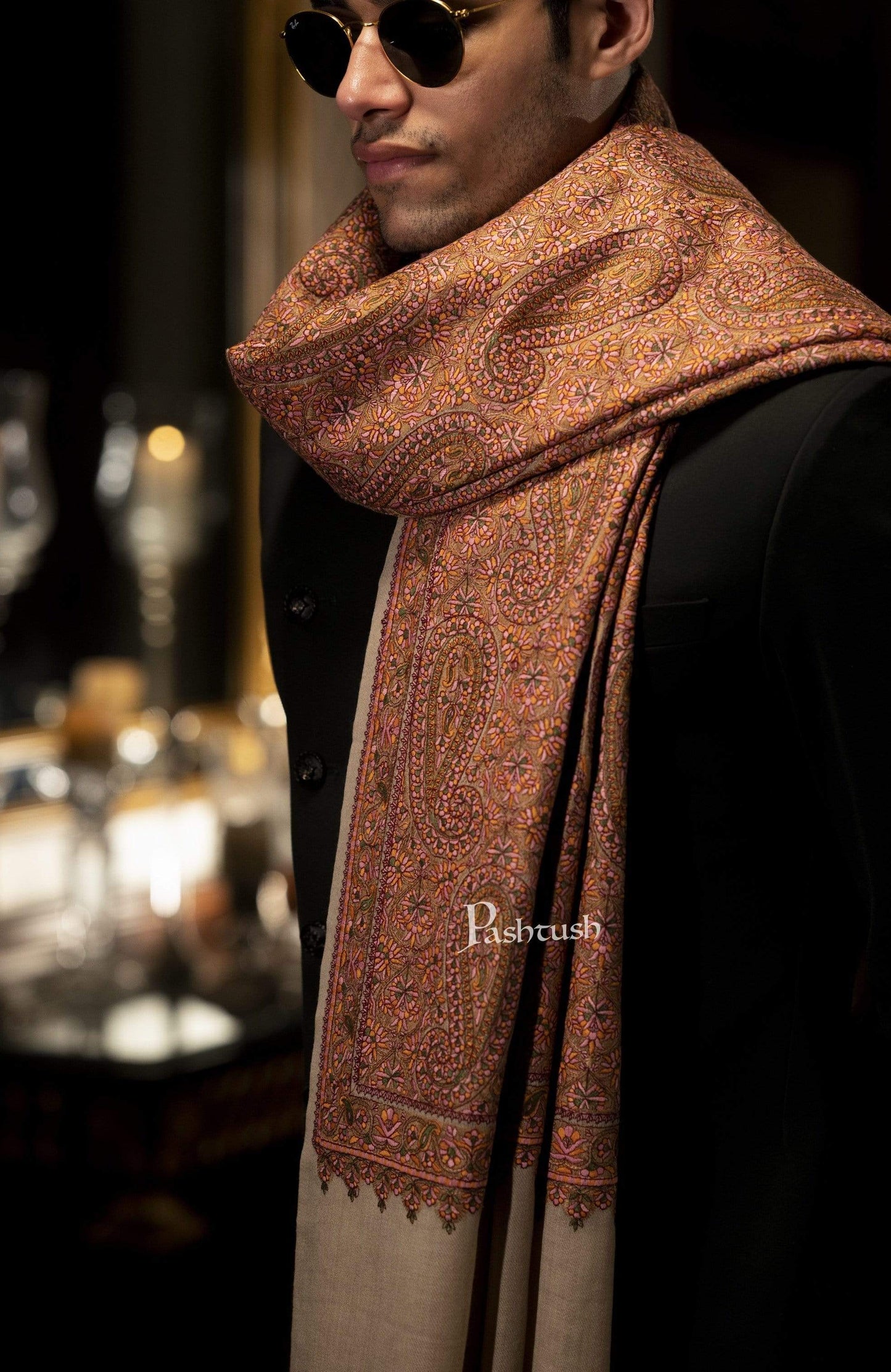 Pashtush India 100x200 Pashtush Mens Kashmiri Embroidery Stole, Fine Wool, Beige