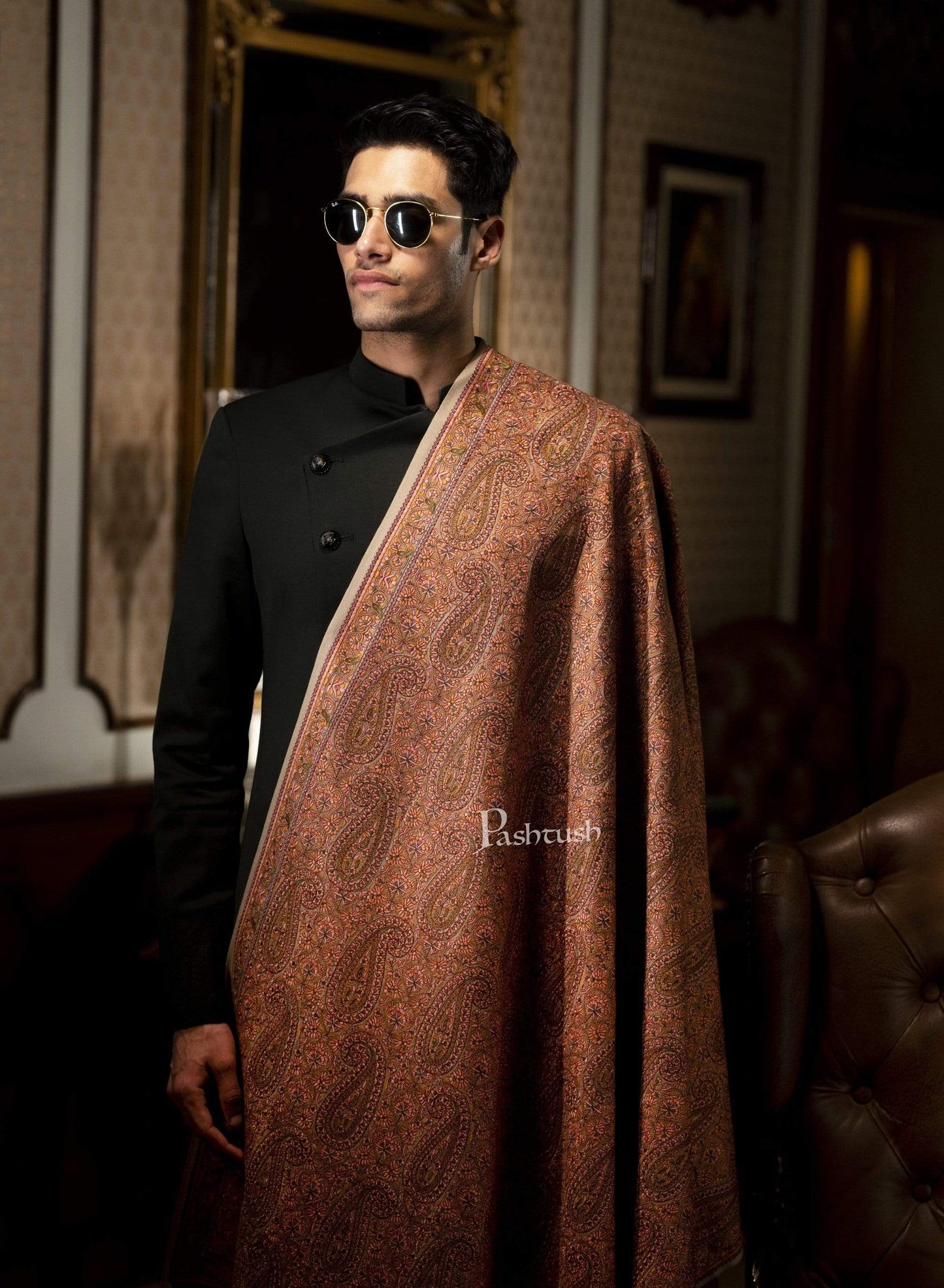 Pashtush India 100x200 Pashtush Mens Kashmiri Embroidery Stole, Fine Wool, Beige