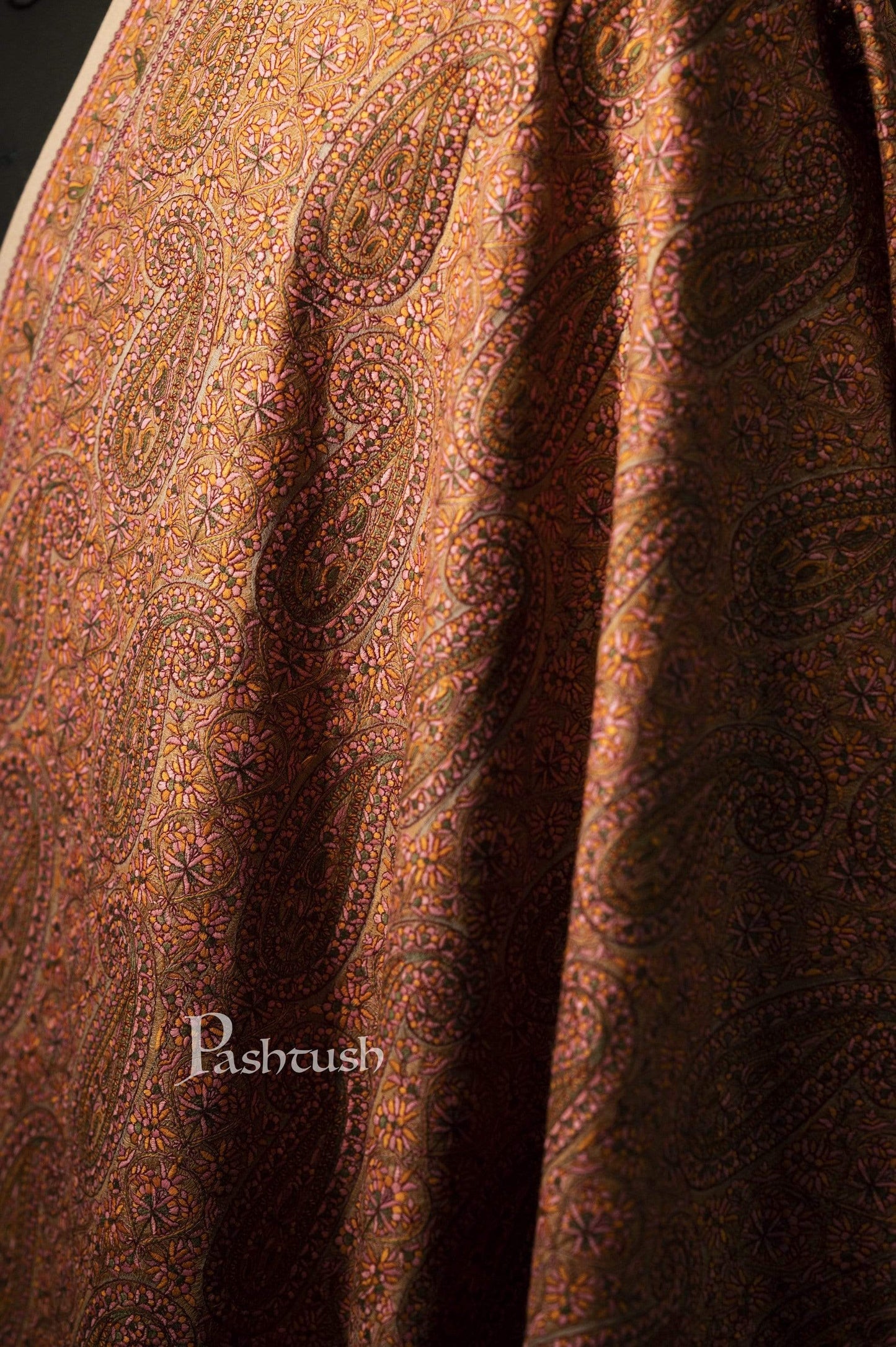 Pashtush India 100x200 Pashtush Mens Kashmiri Embroidery Stole, Fine Wool, Beige