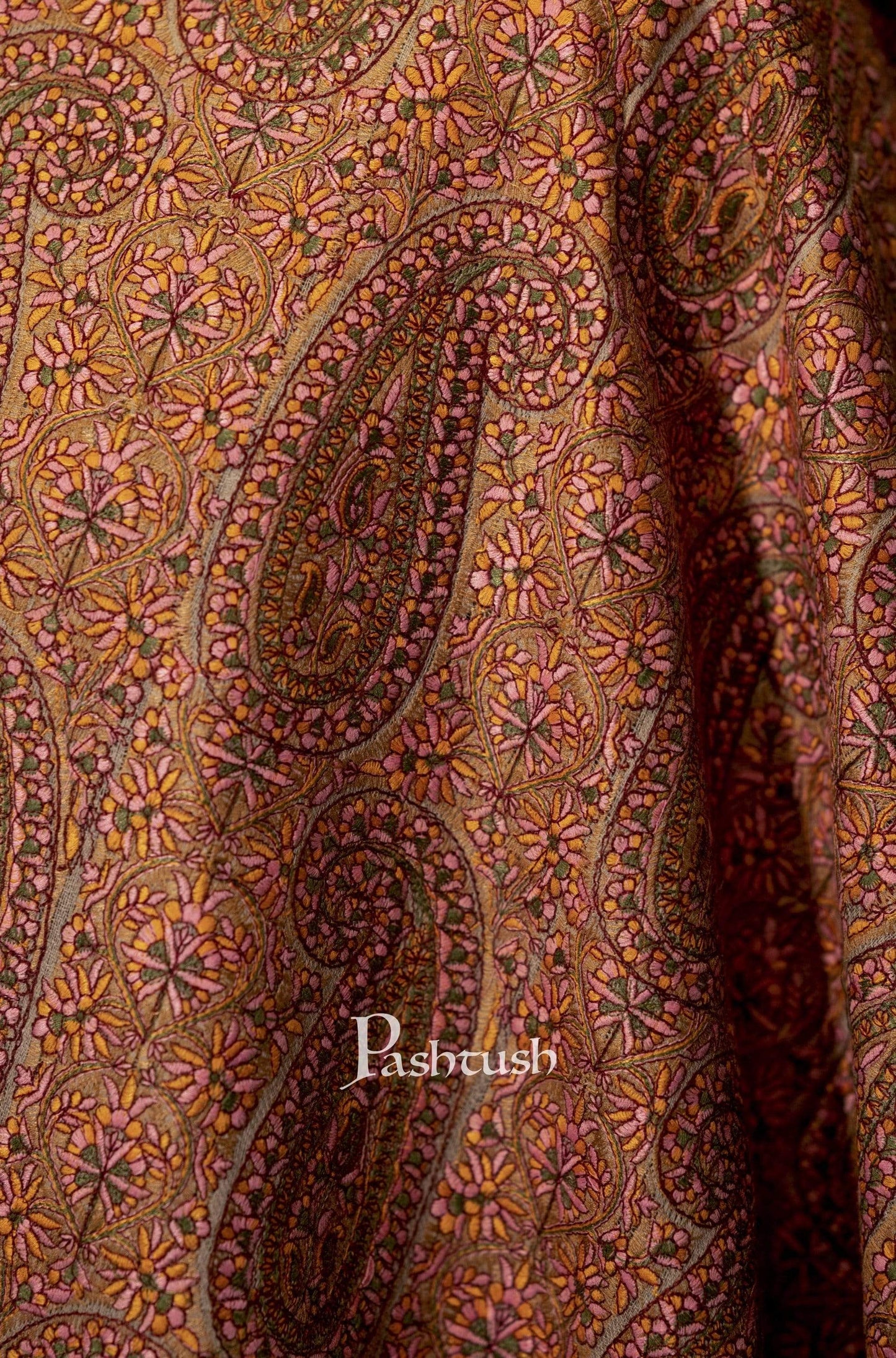Pashtush India 100x200 Pashtush Mens Kashmiri Embroidery Stole, Fine Wool, Beige