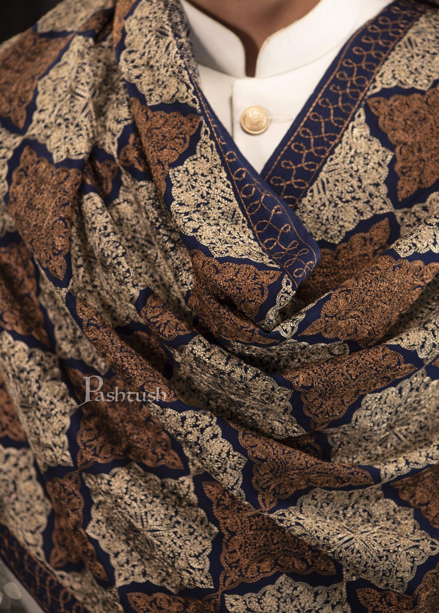 Pashtush India 70x200 Pashtush Mens Kashmiri Embroidery Stole, Light Weight, Fine Wool, Navy Blue