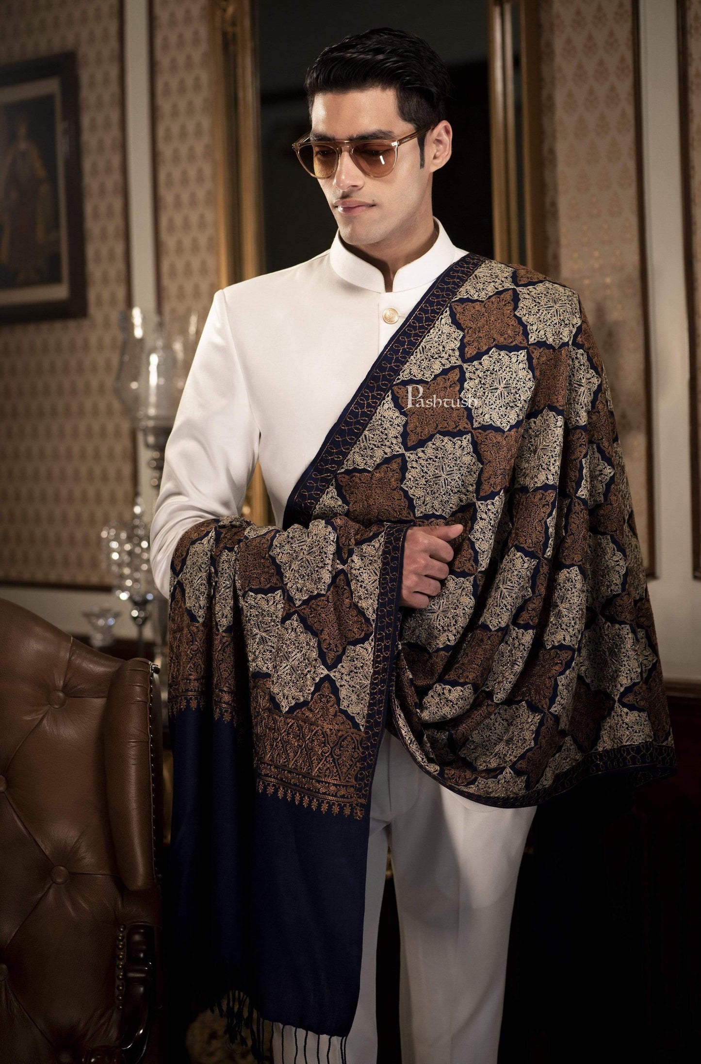 Pashtush India 70x200 Pashtush Mens Kashmiri Embroidery Stole, Light Weight, Fine Wool, Navy Blue
