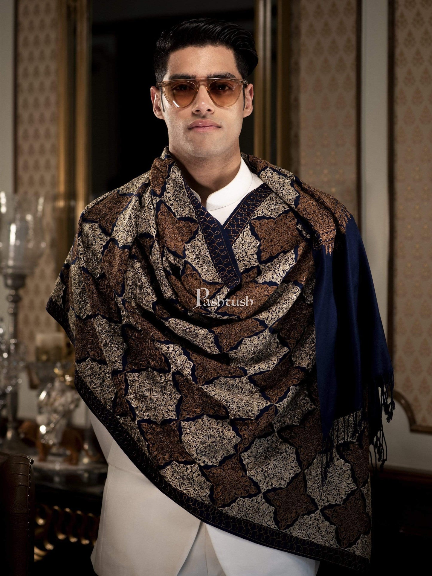 Pashtush India 70x200 Pashtush Mens Kashmiri Embroidery Stole, Light Weight, Fine Wool, Navy Blue
