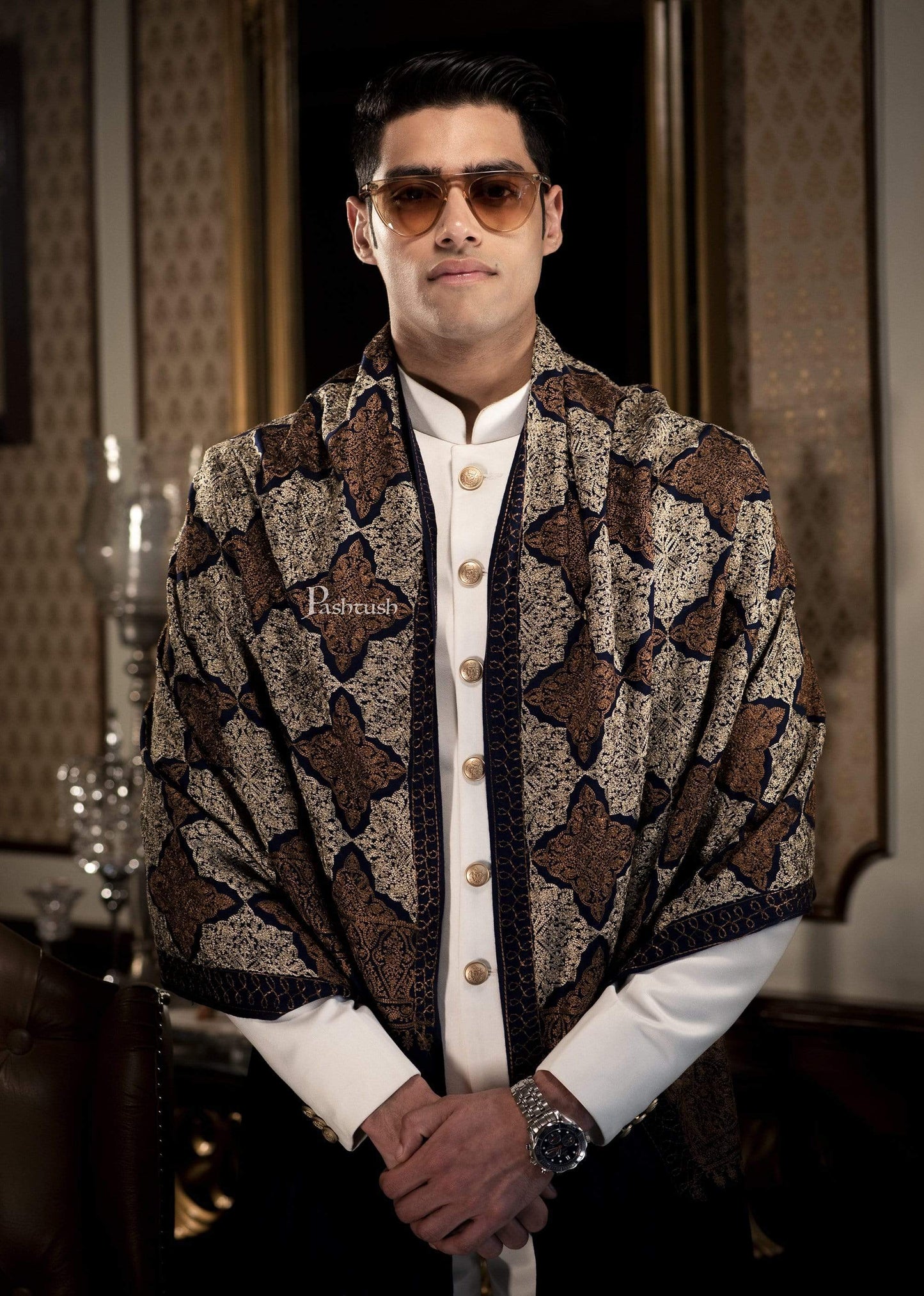 Pashtush India 70x200 Pashtush Mens Kashmiri Embroidery Stole, Light Weight, Fine Wool, Navy Blue