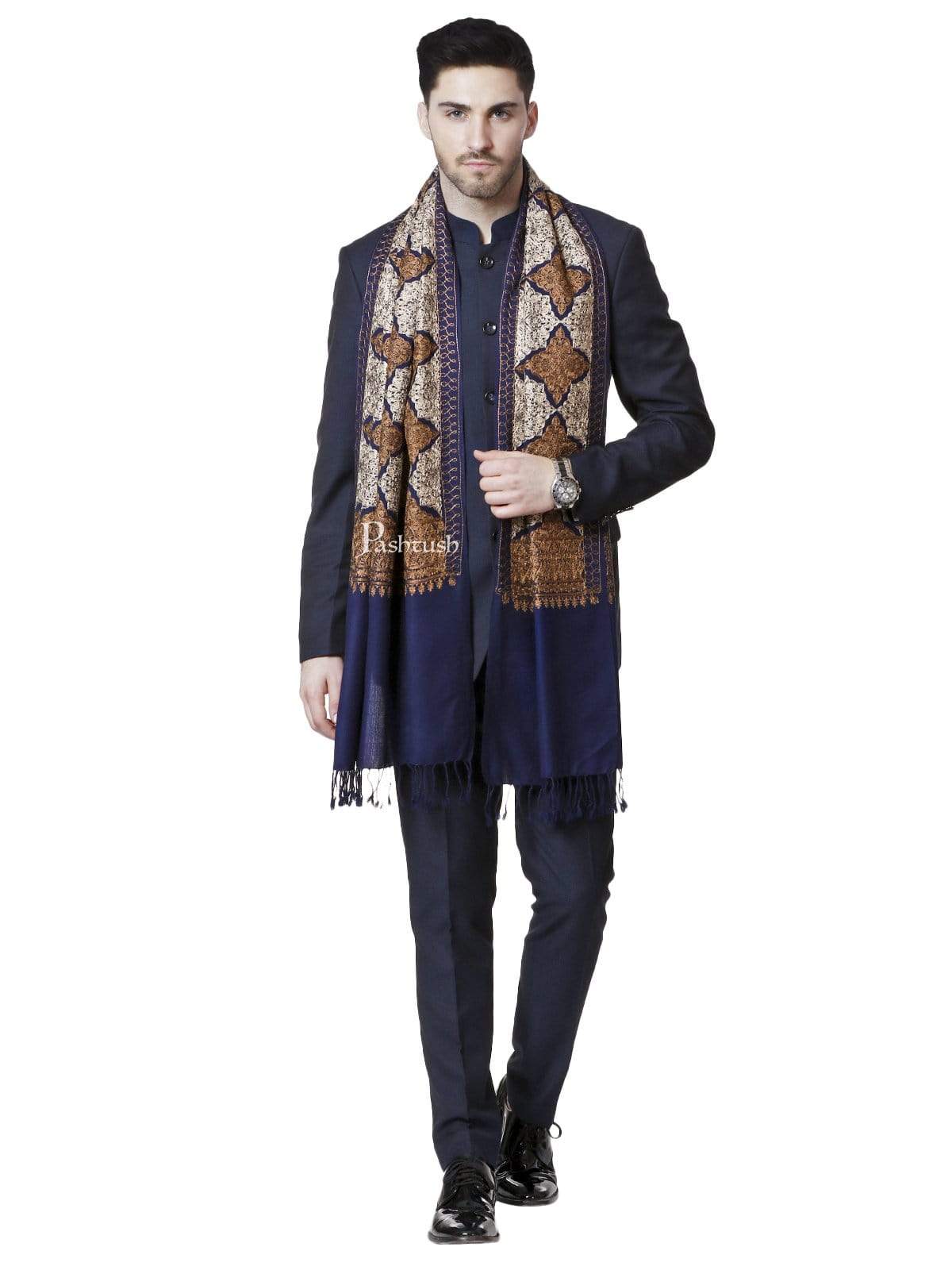 Pashtush India 70x200 Pashtush Mens Kashmiri Embroidery Stole, Light Weight, Fine Wool, Navy Blue