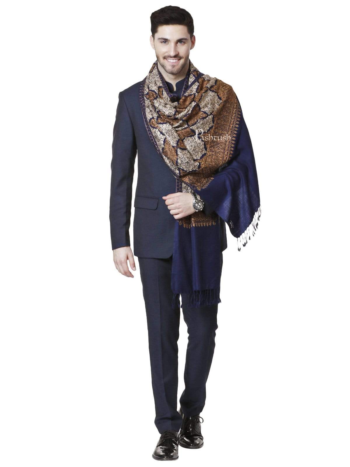 Pashtush India 70x200 Pashtush Mens Kashmiri Embroidery Stole, Light Weight, Fine Wool, Navy Blue