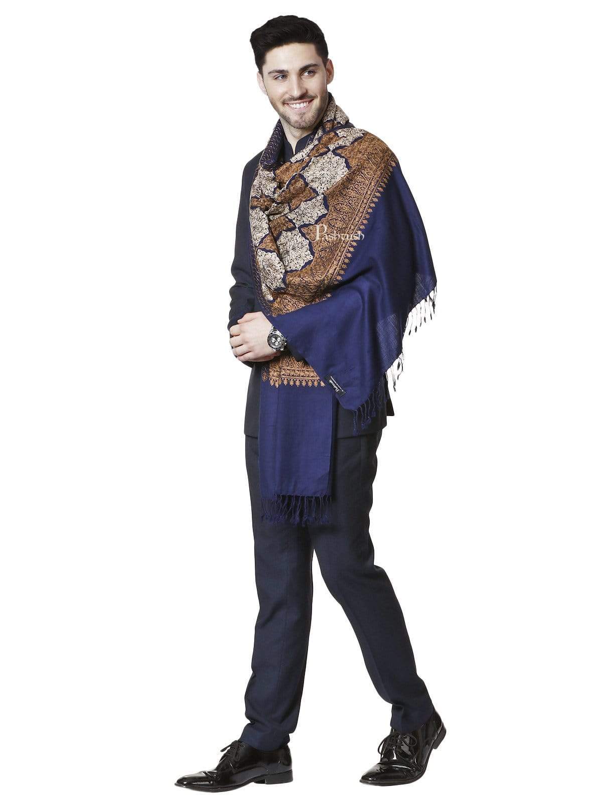 Pashtush India 70x200 Pashtush Mens Kashmiri Embroidery Stole, Light Weight, Fine Wool, Navy Blue