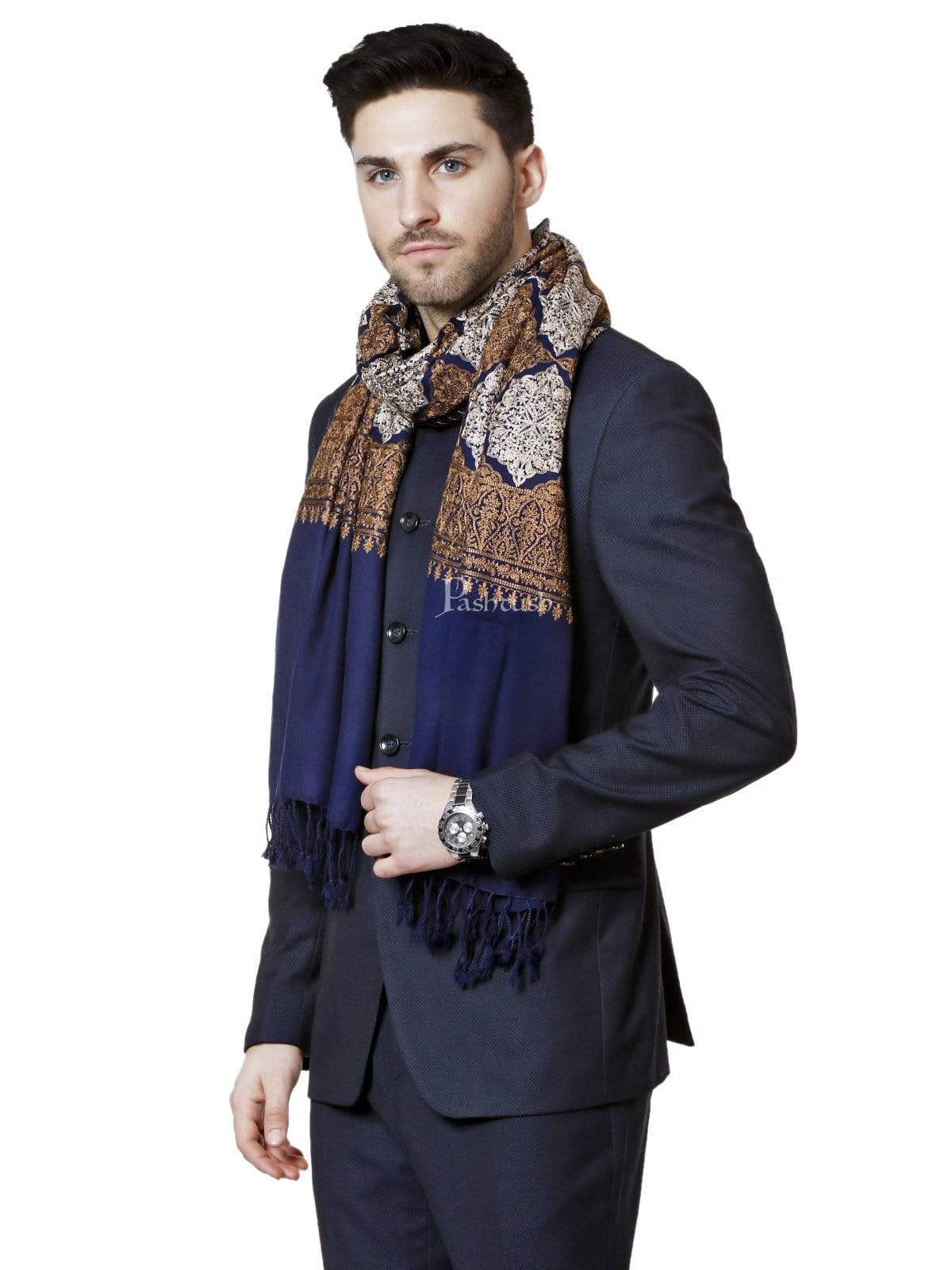 Pashtush India 70x200 Pashtush Mens Kashmiri Embroidery Stole, Light Weight, Fine Wool, Navy Blue