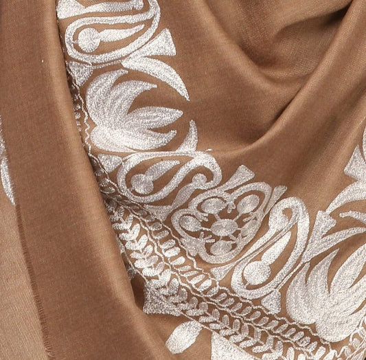 Pashtush India Shawl Pashtush Mens Kashmiri Hand Embroidery Shawl, Fine Wool with Tilla Zari Work - Taupe