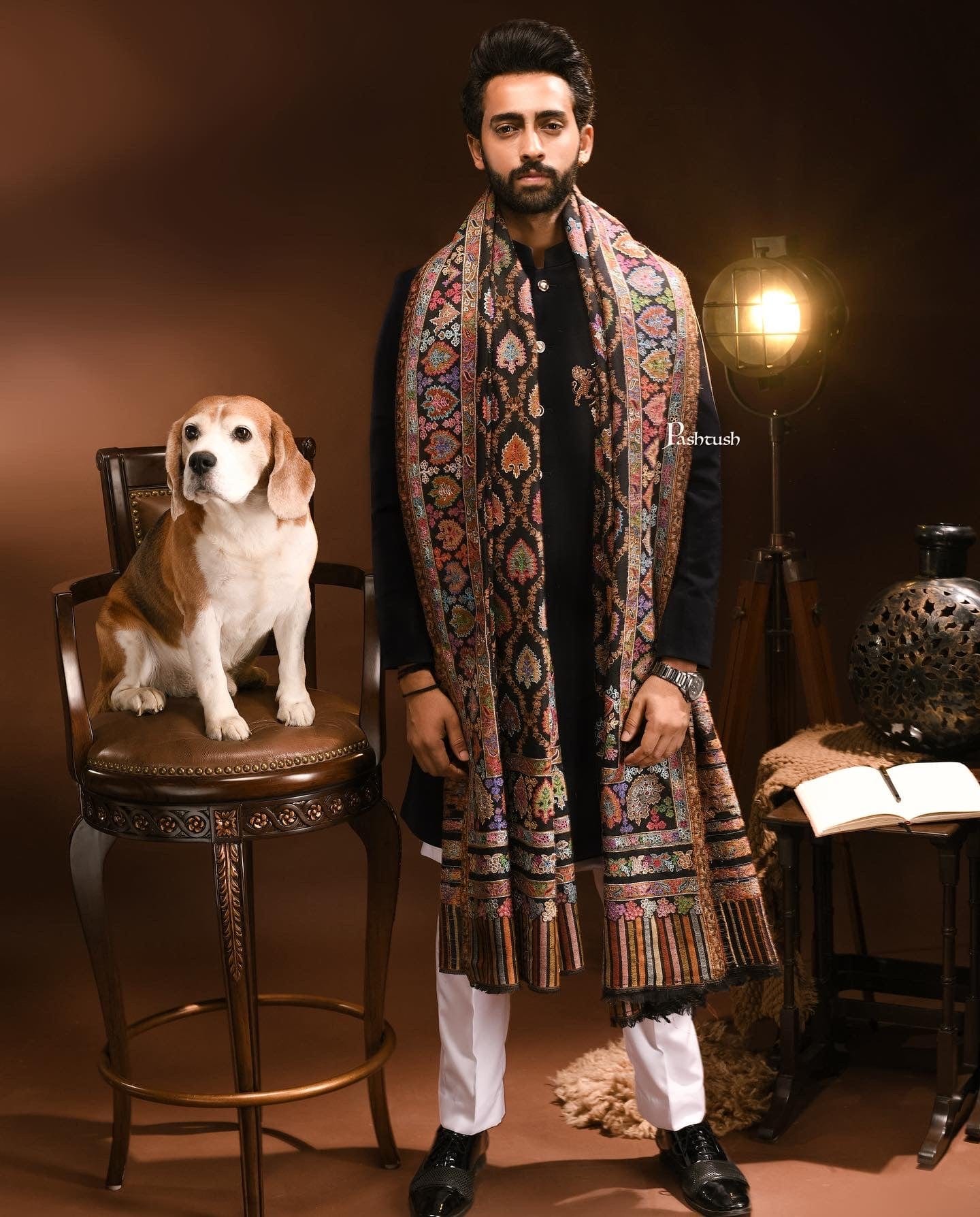 Pashtush India Mens Shawls Gents Shawl Pashtush Mens Kashmiri Tilla Hand Embroidered Shawl, Full Size, Extra Fine Wool, Kalamkari