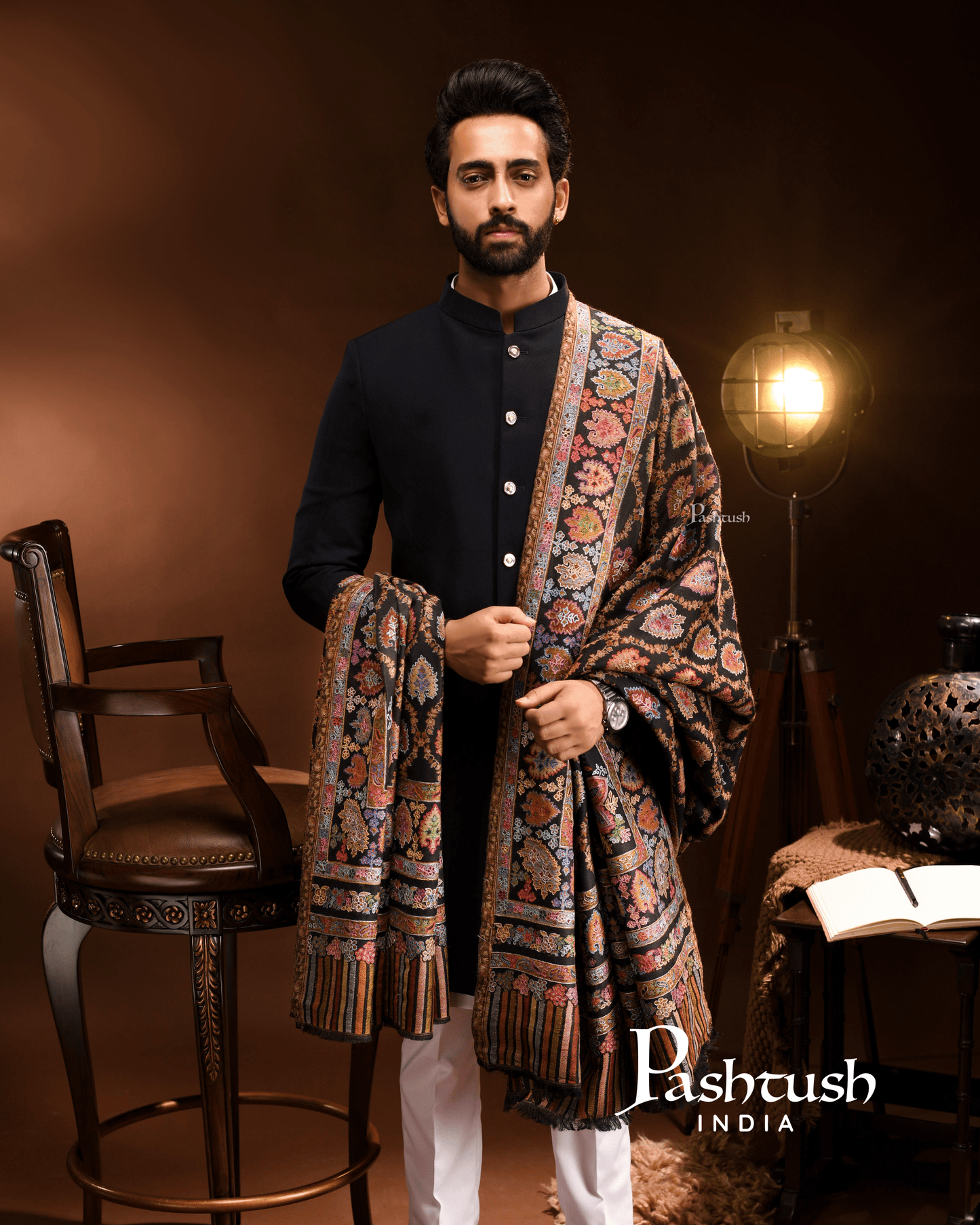 Pashtush India Mens Shawls Gents Shawl Pashtush Mens Kashmiri Tilla Hand Embroidered Shawl, Full Size, Extra Fine Wool, Kalamkari