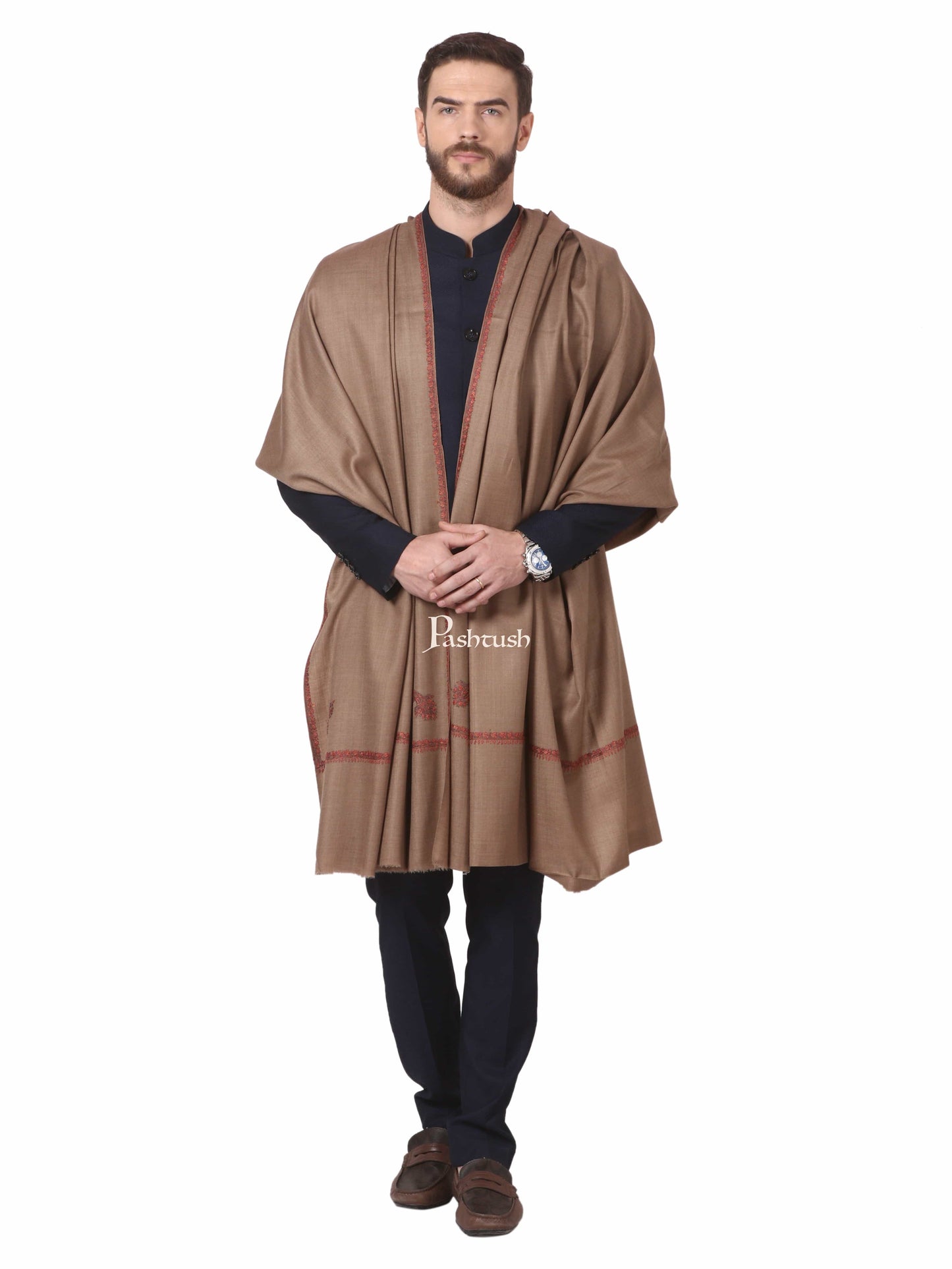 Pashtush India Mens Shawls Gents Shawl Pashtush Mens, Kingri Hand Embroidery Shawl, Fine Wool, Full Size