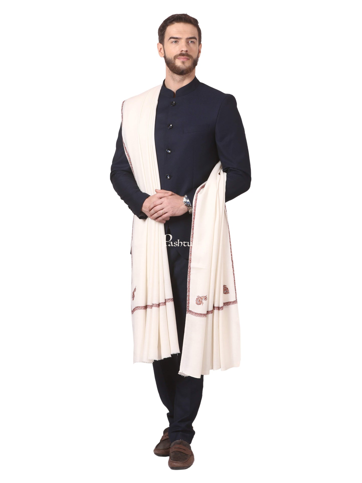 Pashtush India Mens Shawls Gents Shawl Pashtush Mens Kingri Shawl, Hand Embroidery Shawl, Full Size (White)