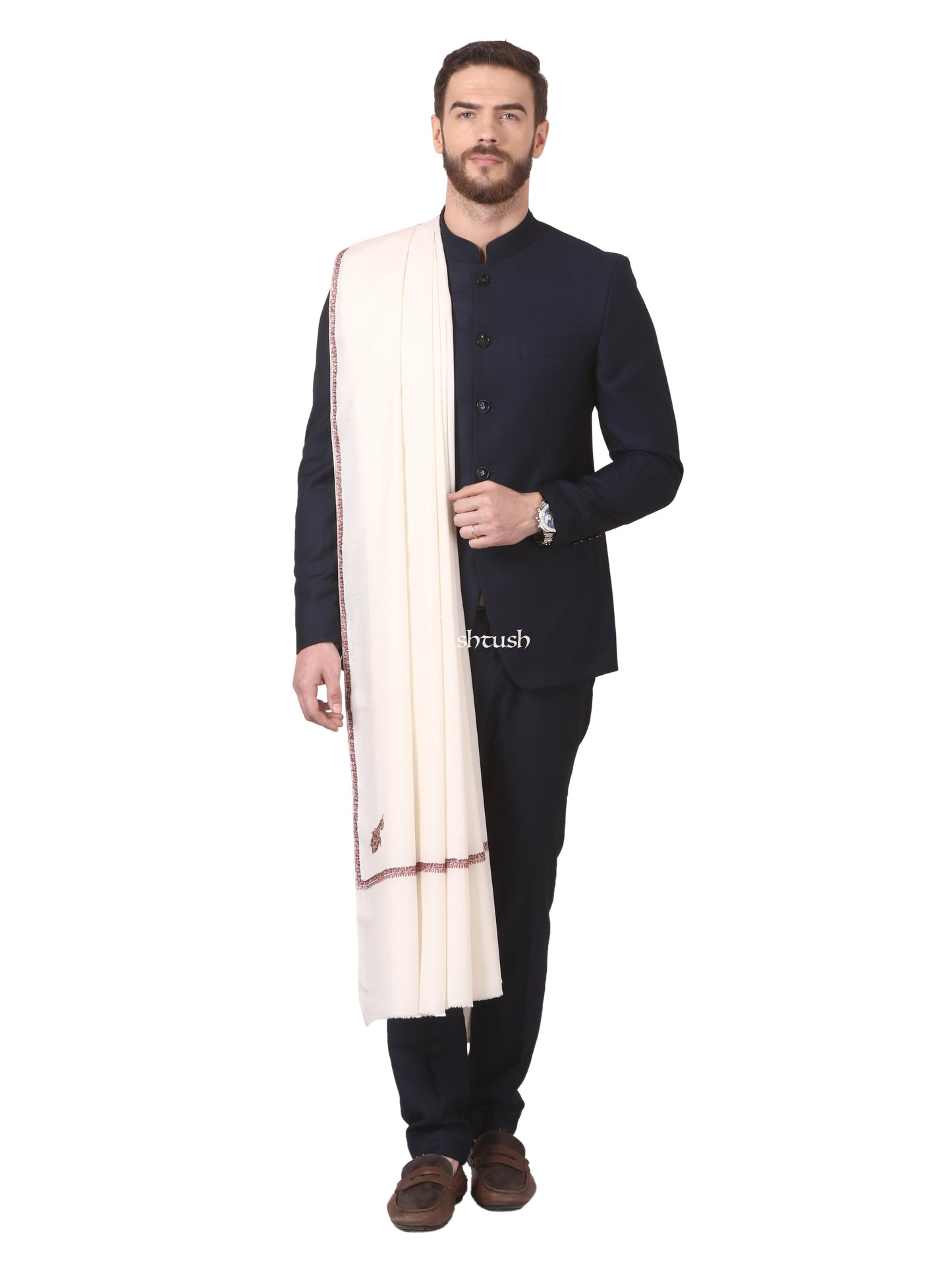 Pashtush India Mens Shawls Gents Shawl Pashtush Mens Kingri Shawl, Hand Embroidery Shawl, Full Size (White)