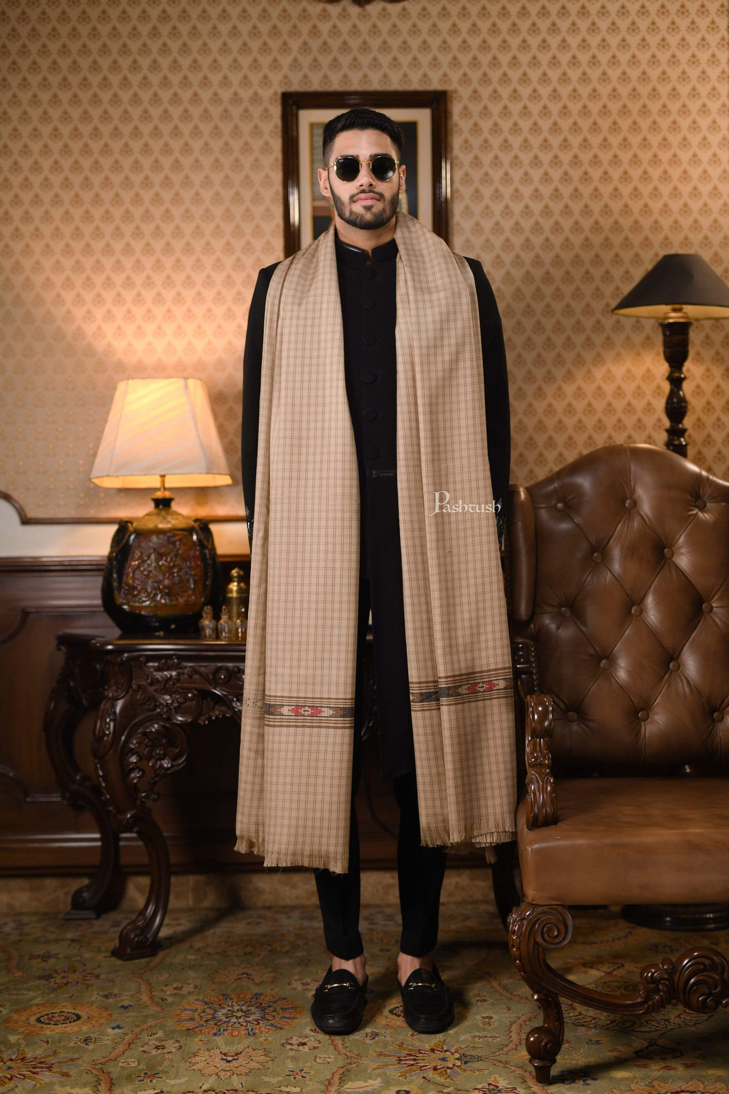 Pashtush India 127x254 Pashtush Mens Kullu Weave Shawl With Checkered Weave, Beige