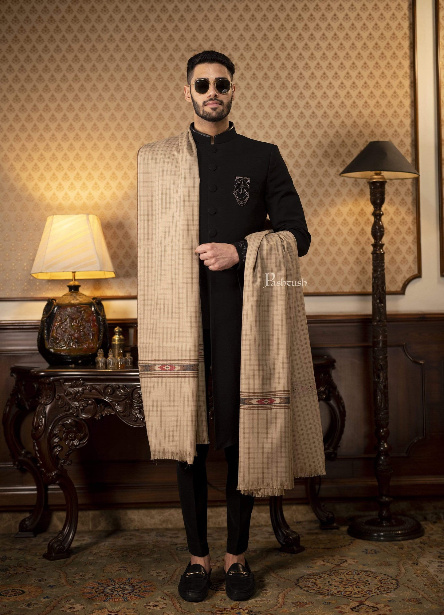 Pashtush India 127x254 Pashtush Mens Kullu Weave Shawl With Checkered Weave, Beige