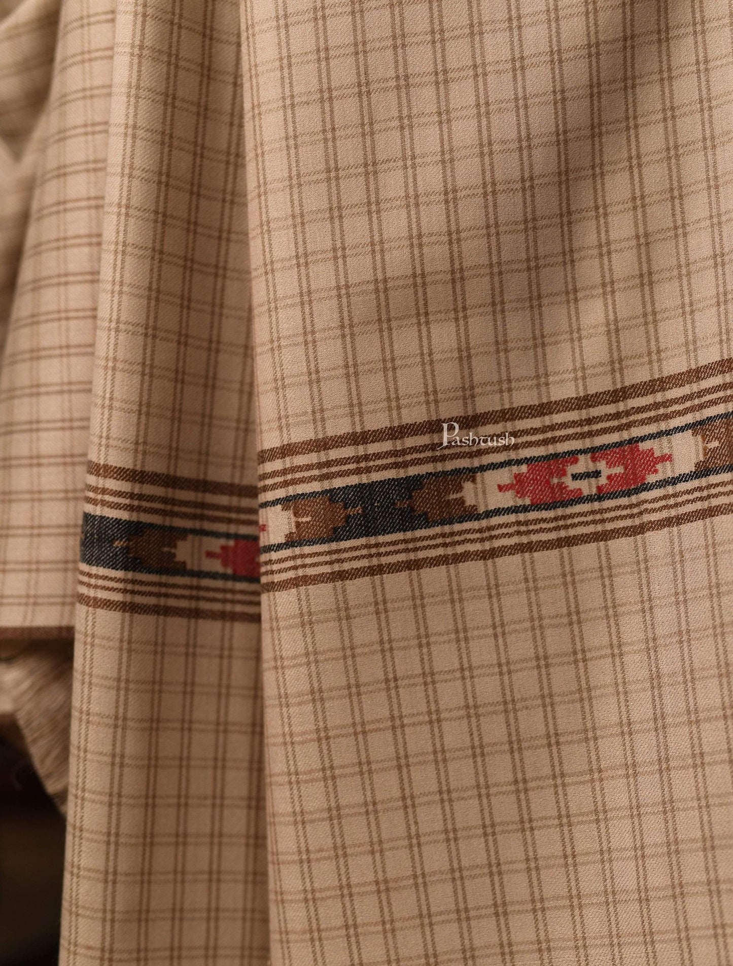 Pashtush India 127x254 Pashtush Mens Kullu Weave Shawl With Checkered Weave, Beige