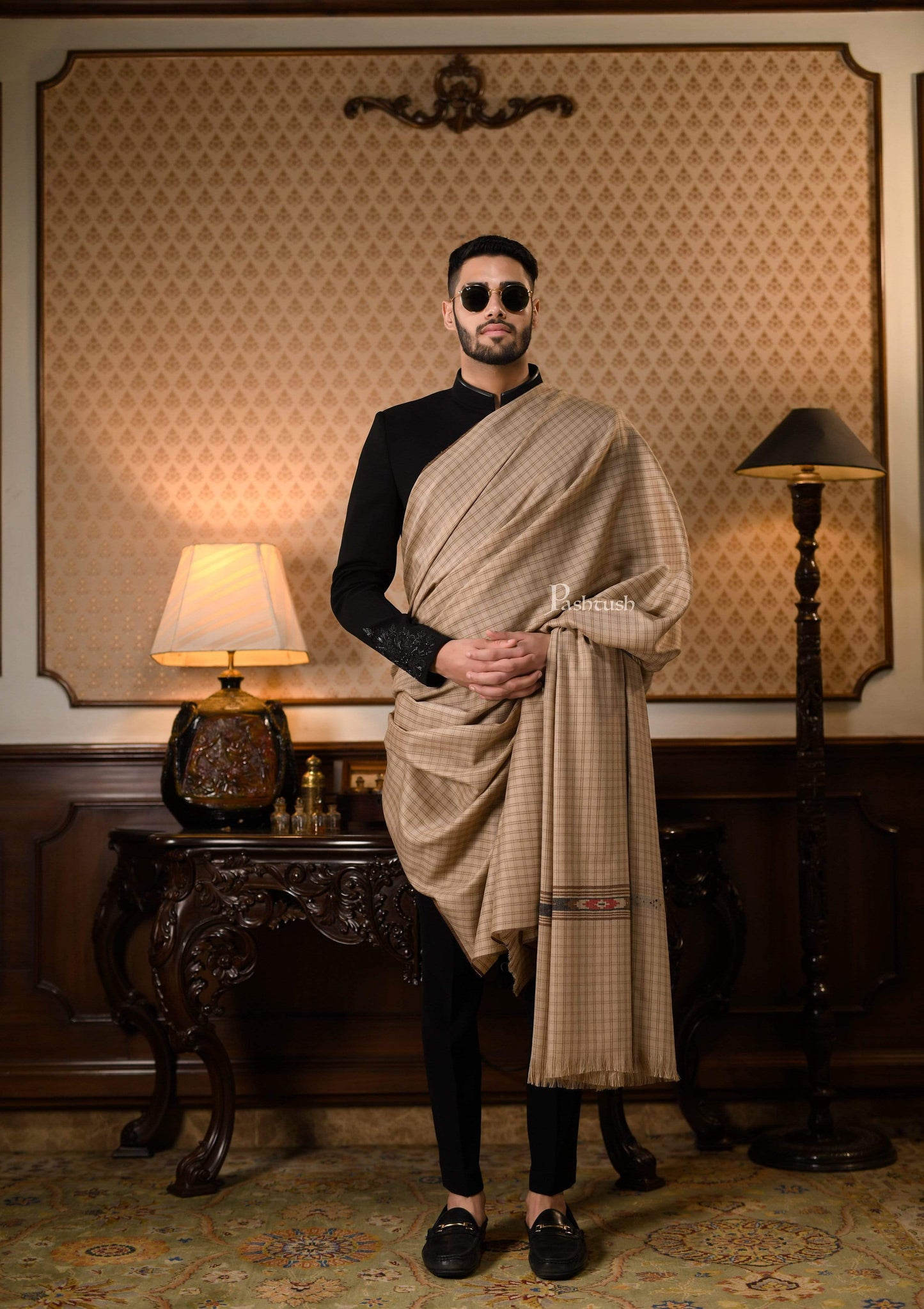 Pashtush India 127x254 Pashtush Mens Kullu Weave Shawl With Checkered Weave, Beige