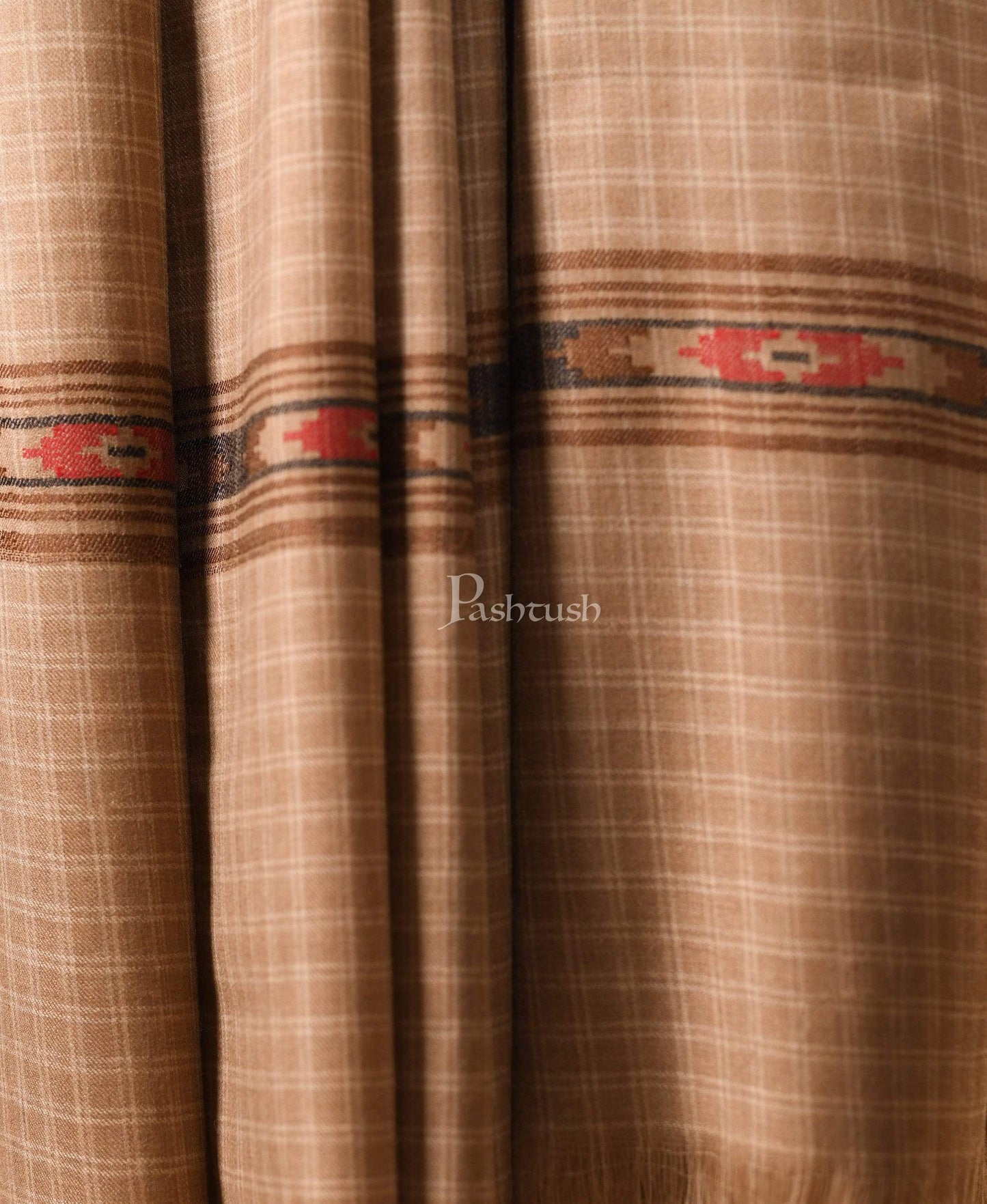 Pashtush India 127x254 Pashtush Mens Kullu Weave Shawl With Checkered Weave, Beige