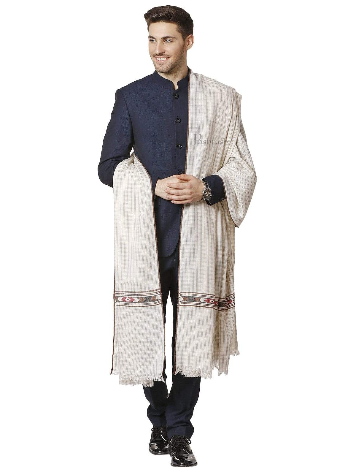 Pashtush India 127x254 Pashtush Mens Kullu Weave Shawl with Checkered Weave, White