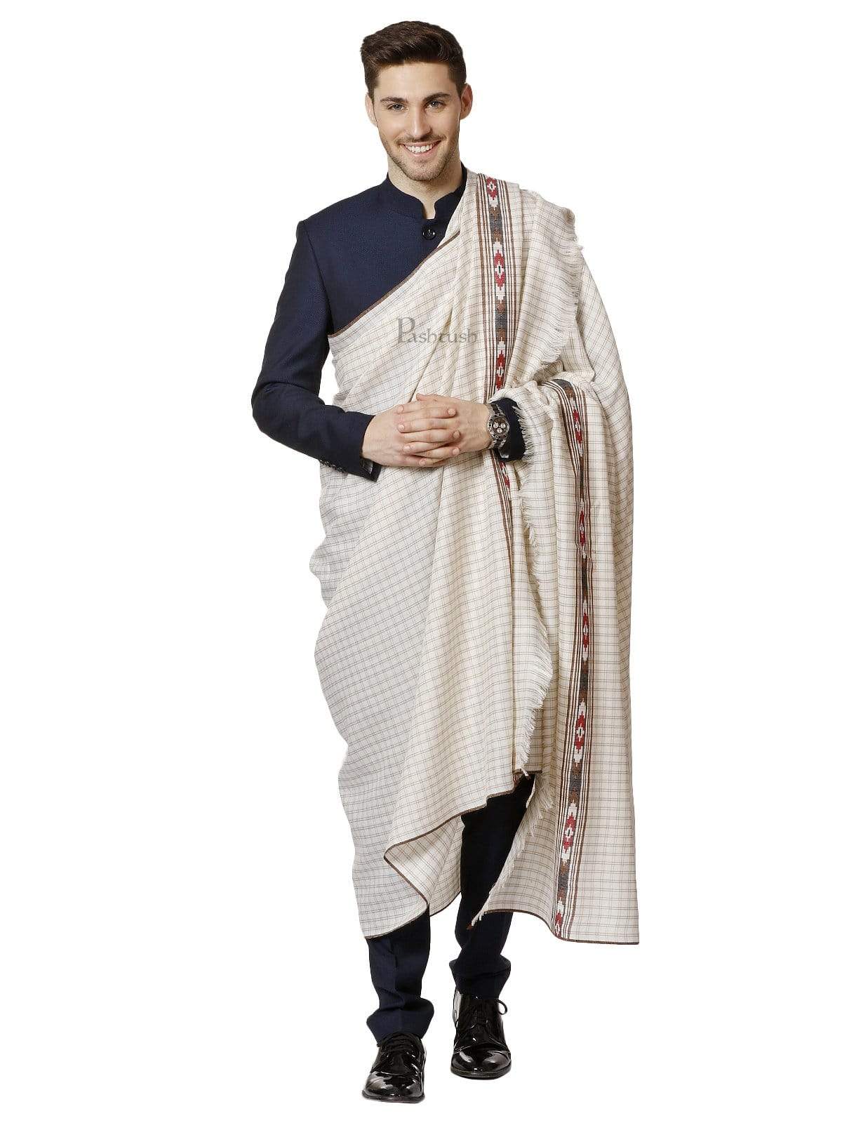 Pashtush India 127x254 Pashtush Mens Kullu Weave Shawl with Checkered Weave, White