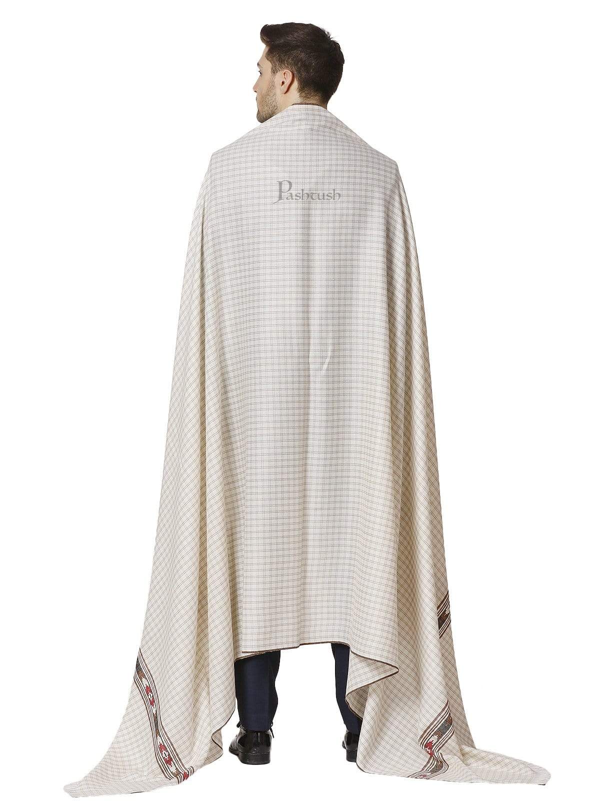 Pashtush India 127x254 Pashtush Mens Kullu Weave Shawl with Checkered Weave, White