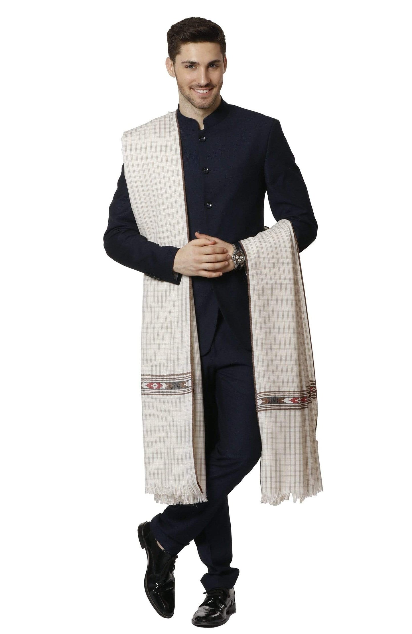 Pashtush India 127x254 Pashtush Mens Kullu Weave Shawl with Checkered Weave, White